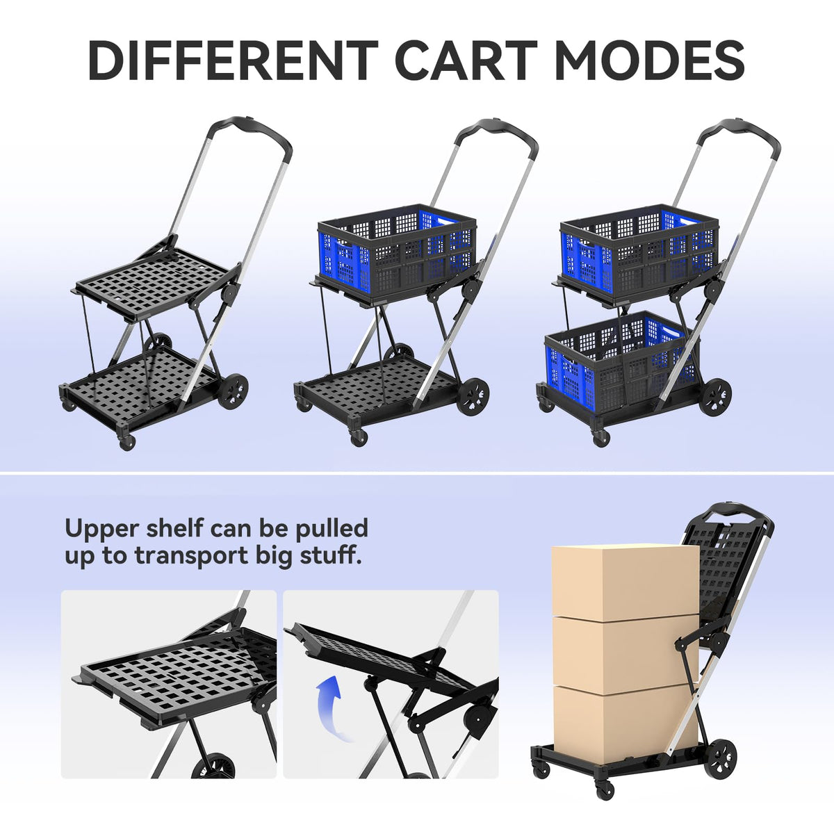Collapsible Shopping Cart with Wheels,2 Tier Multi Use Foldable Shopping Cart with 2 Storage Crates,Folding Shopping Trolley Utility Cart for Office,Groceries, Warehouse,Supermarket,Picnic (Blue)