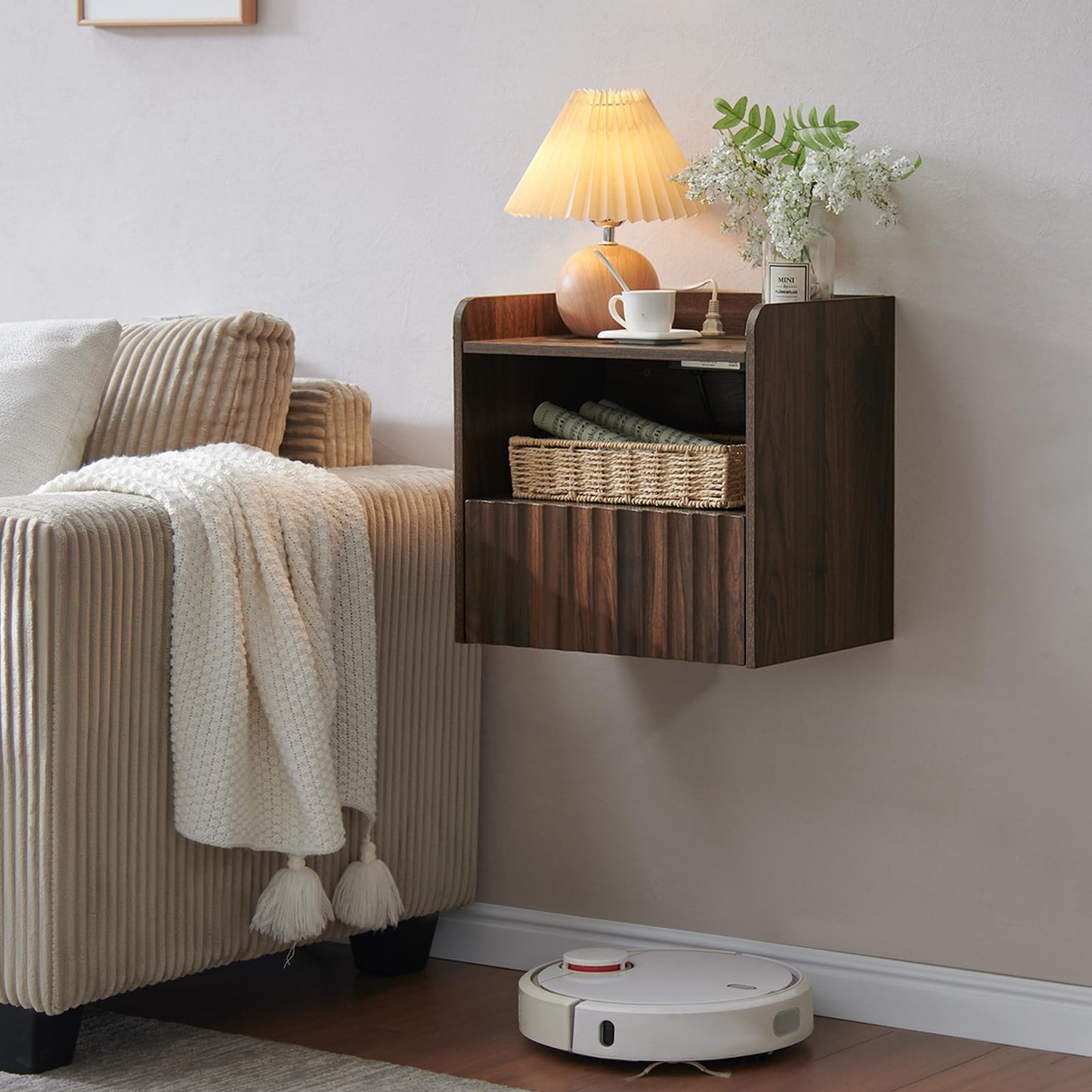 BuildHom Modern Fluted Floating Nightstand Wall Mounted - Bedside Table with Storage Drawer & Display Shelf, Minimalist Bedroom Furniture for Studio Apartments(Walnut)