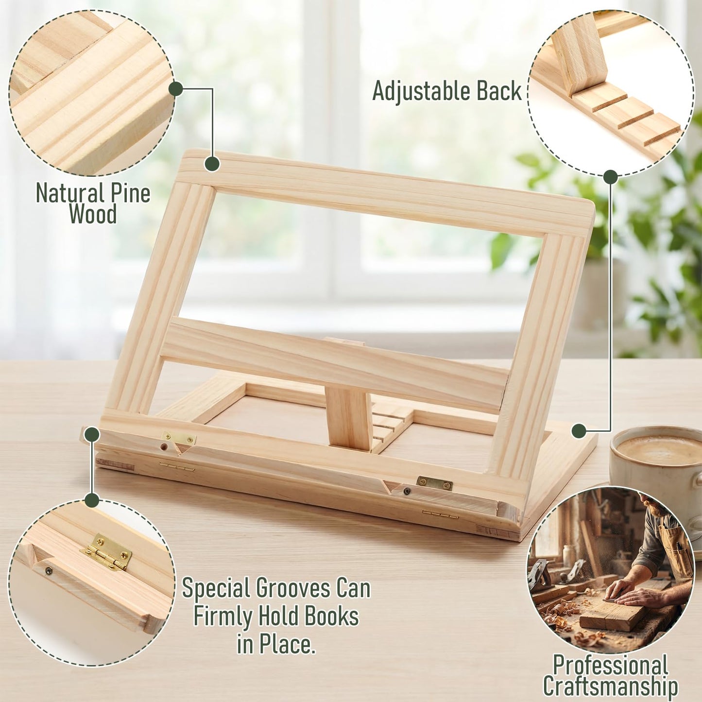 Gerrii Wooden Book Stand with Page Holder Clips Adjustable Foldable Reading Stand for Cookbooks Recipes Textbooks Bible Documents Tablet Solid Pine Wood Hands-Free Set Book Holder for Counter Desk