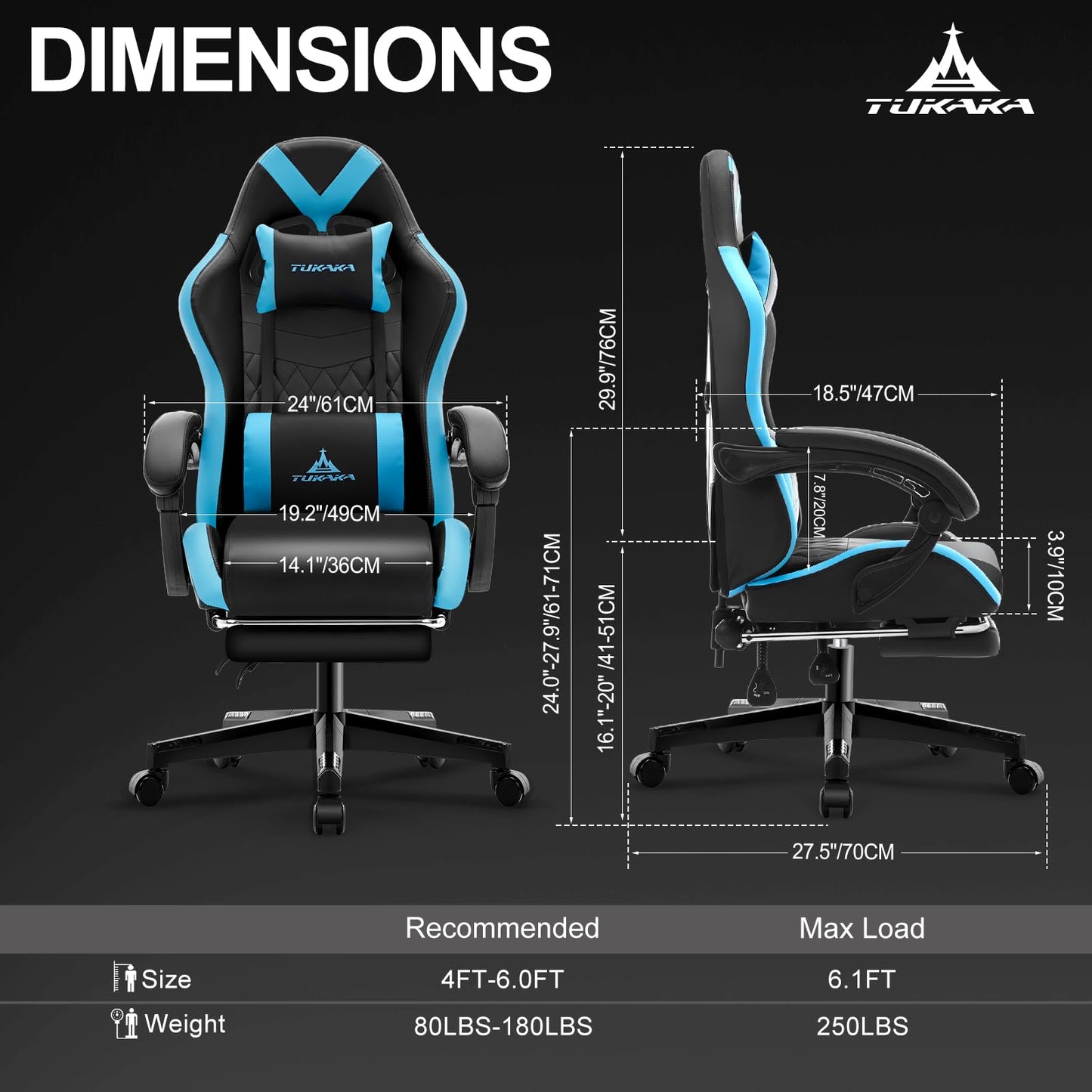 TUKAKA Gaming Chair,Ergonomic Massage Computer Office Desk Chair with Footrest,Pocket Spring Cushion,Reclining Leather Adjustable Gamer Chair with Headrest and Lumbar Support,Blue