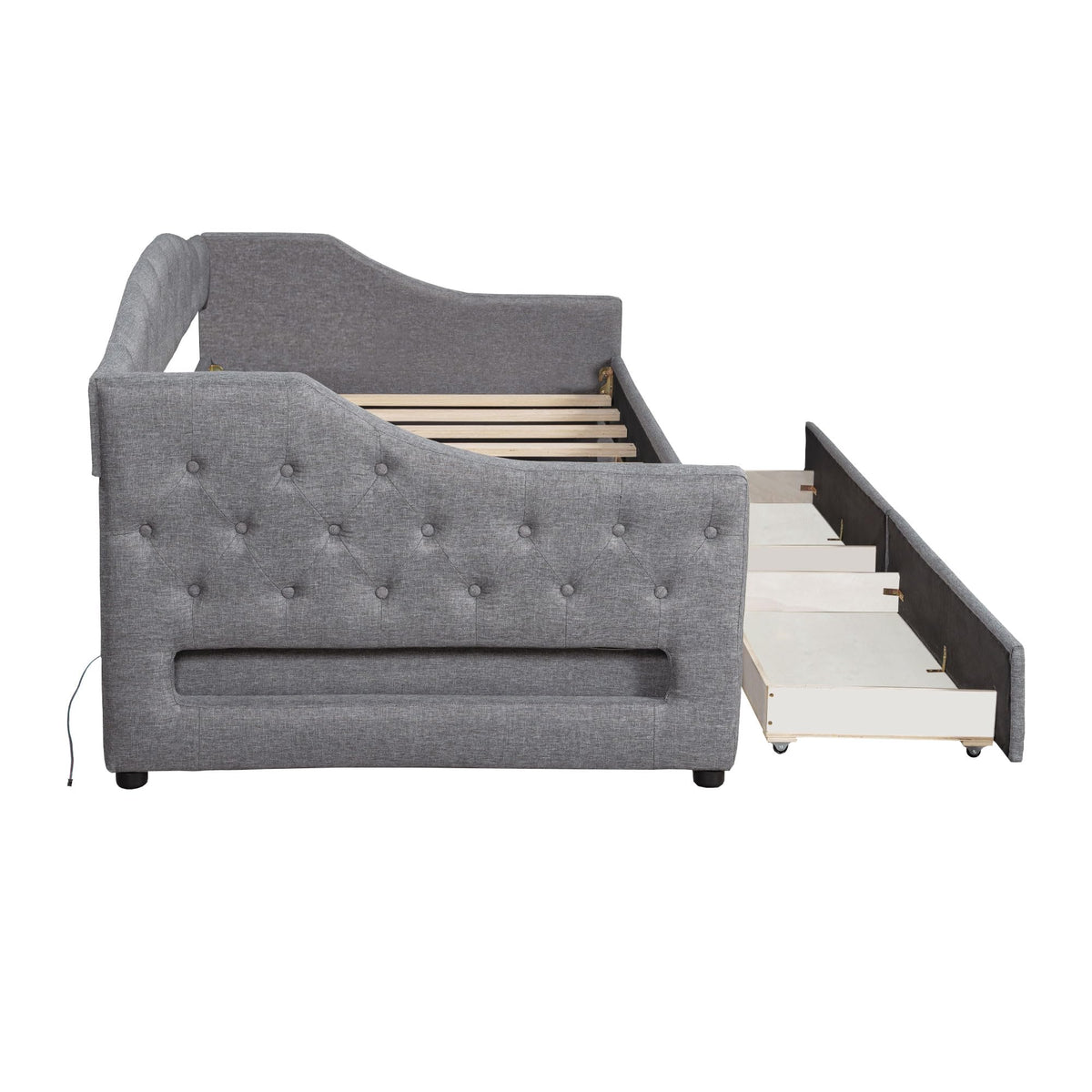 Merax Twin XL Size Modern Upholstered Platform Bed with 2 Drawers, Linen Sofa Daybed with Wood Slat Support, Storage Bed Frame, Space Saving/Gray