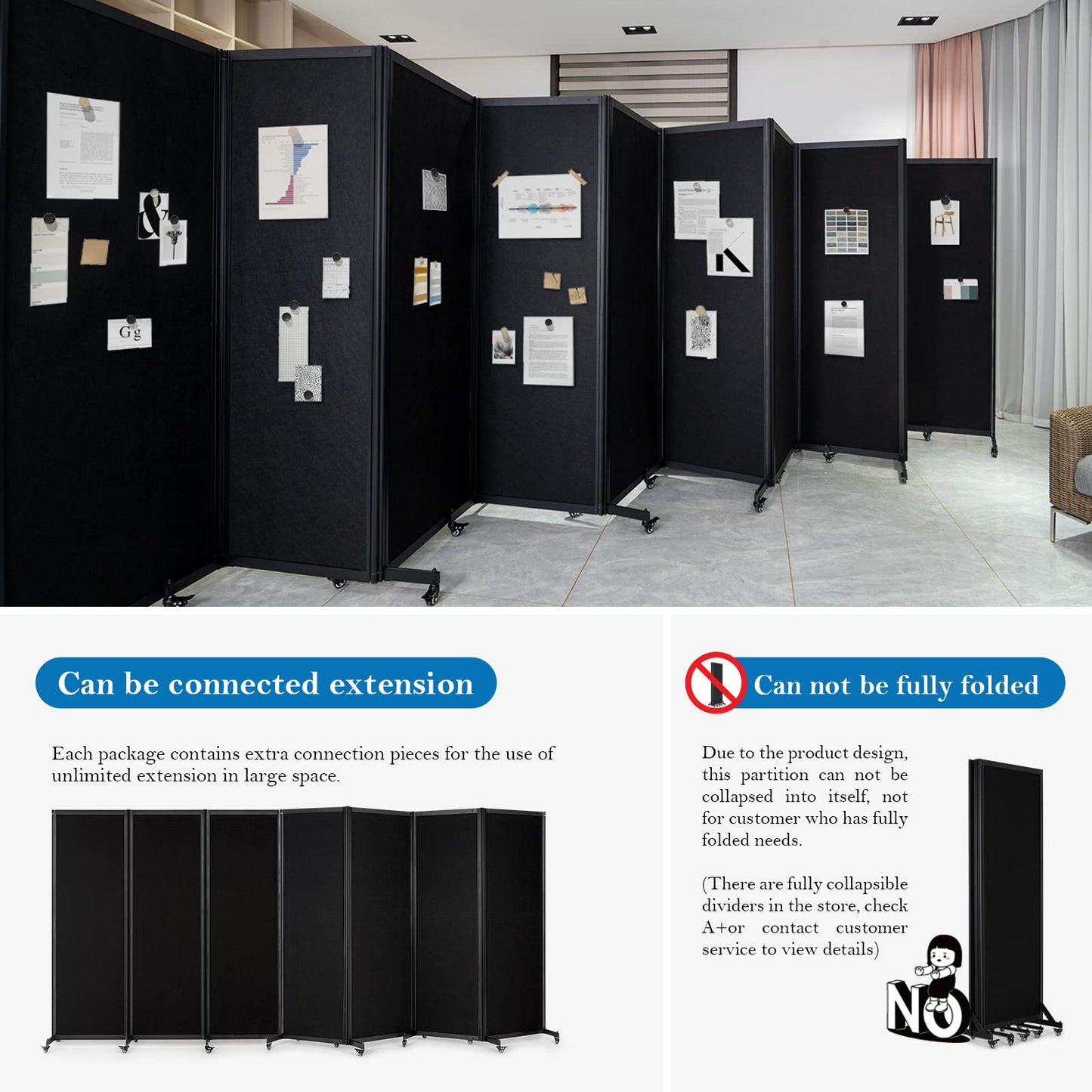 Strongbird Room Partition,Office Divider,Portable Commercial Screen Dividers,Privacy Partition Separator,Classroom School Dividers, 12'7"L* 6'7"H,6 Panel,Black