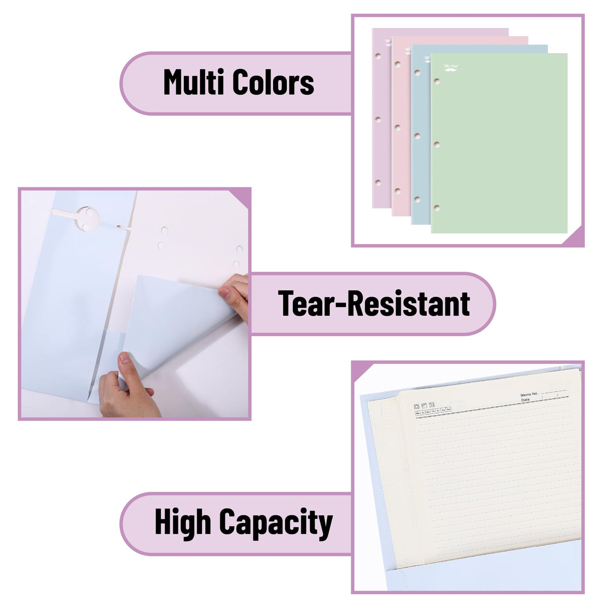 Mr. Pen- 4-Pocket Folders, 24 Pack, 12.5" x 9.5", Pastel Colors, Tear-Resistant Paper Folders Bulk with Pockets 3 Holes Punched, High Capacity, Includes Rulers and Conversion Charts for School