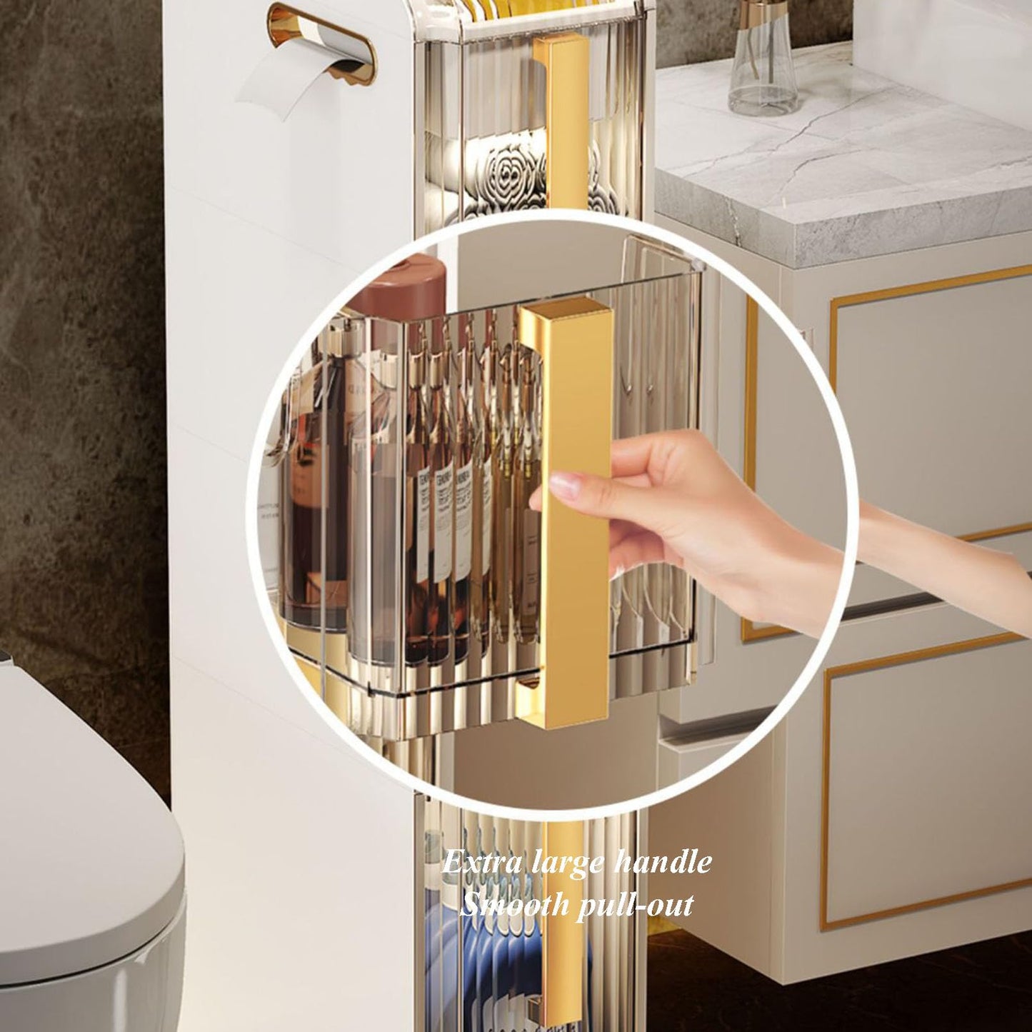 Small Bathroom Storage Cabinet Freestanding Side Cabinet Crevice Shelf Towel Organizer Holder with Clear Drawers and Casters for Bath Kitchen Accessories