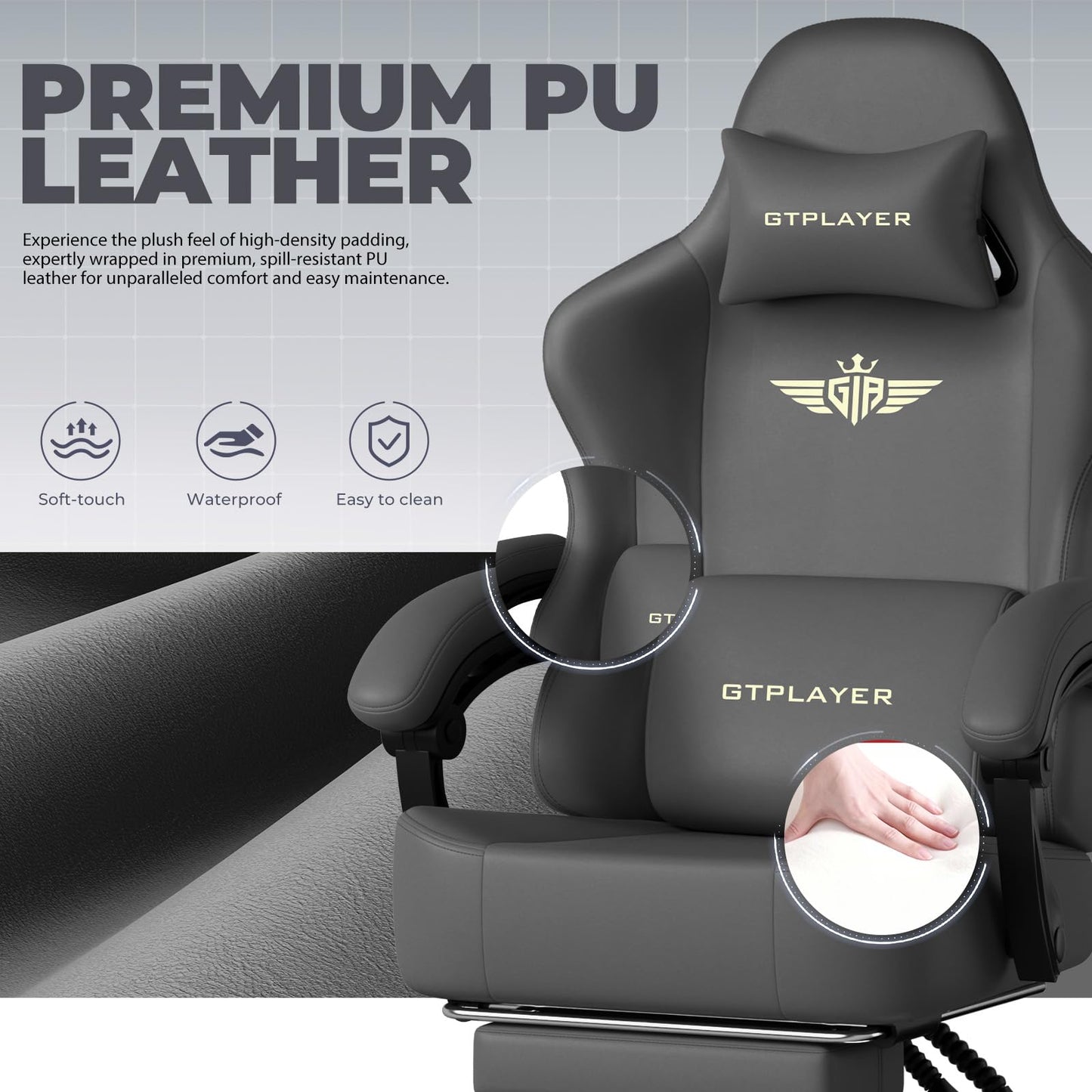 GTPLAYER Gaming Chair with Pocket Spring Cushion, Big and Tall Gamings Chairs 350LBS High Back Computer Chair with Footrest for Adults Lumbar Support Swivel Game Chair for Office, Leather Grey