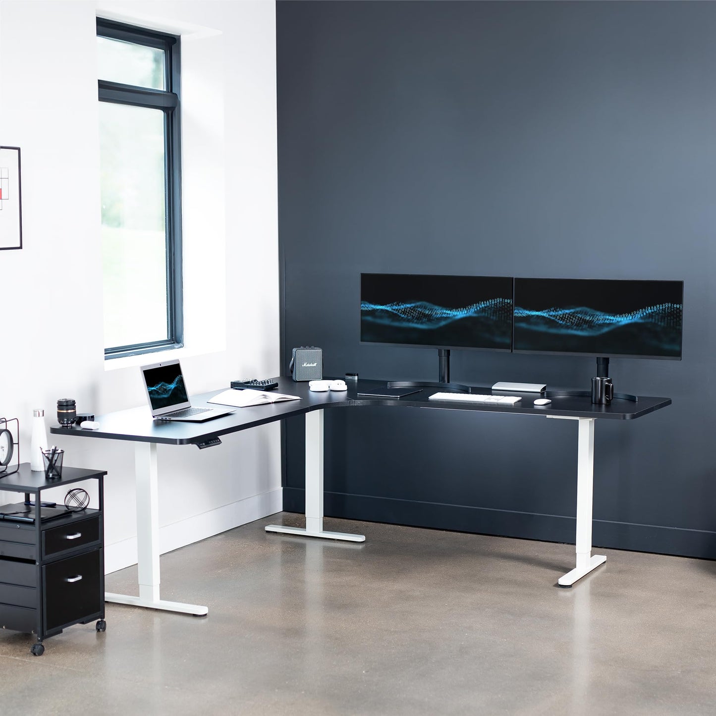 VIVO Electric Height Adjustable 83 x 83 inch Curved Corner Stand Up Desk, Black Table Top, White Frame, Memory Controller, L-Shaped Workstation, E3C Series, DESK-KIT-E3CW83B