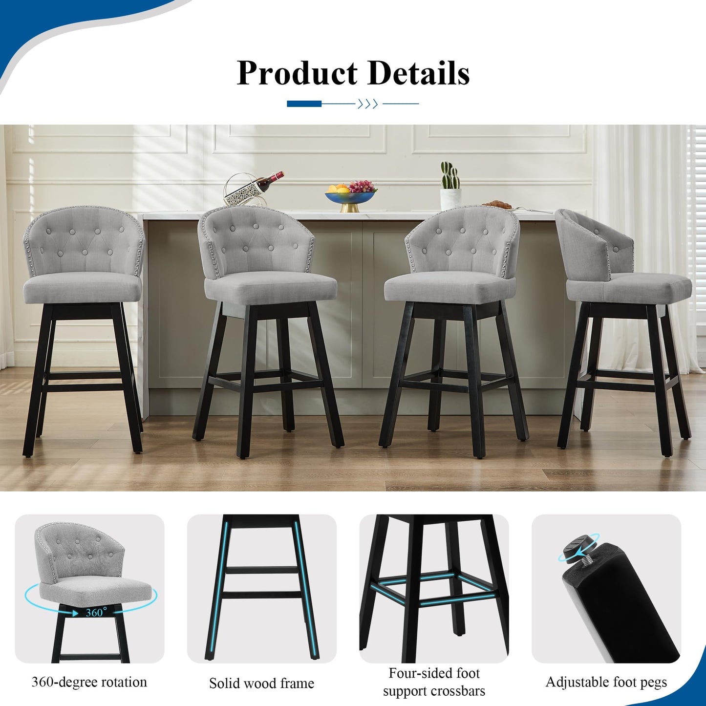 UDAX 29''Swivel Bar Stools Set of 2, Upholstered Barstools with Backs, Modern Counter Height Bar Stool Chairs for Kitchen Island, Wood Legs, Counter Stools