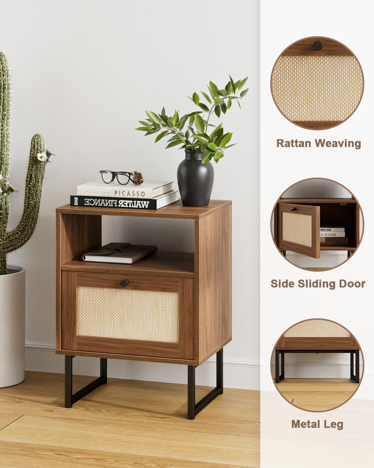 Masupu Rattan Nightstand,Modern Boho Farmhouse Wood Bedside Table with Storage Drawer and Open Shelf,Small Black Frame Side End Table for Bedroom,Living Room,Office (Walnut)