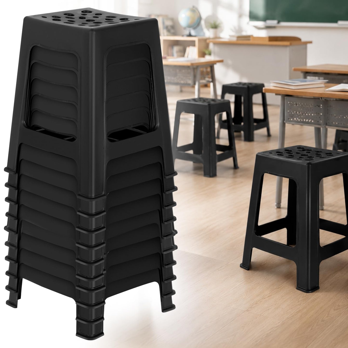 Leinuosen 6 Pcs Plastic Stool for Classroom 18 Inch Stackable School Stools Modern Portable Nesting Chair for Kids Students Classroom School Home Office (Black)
