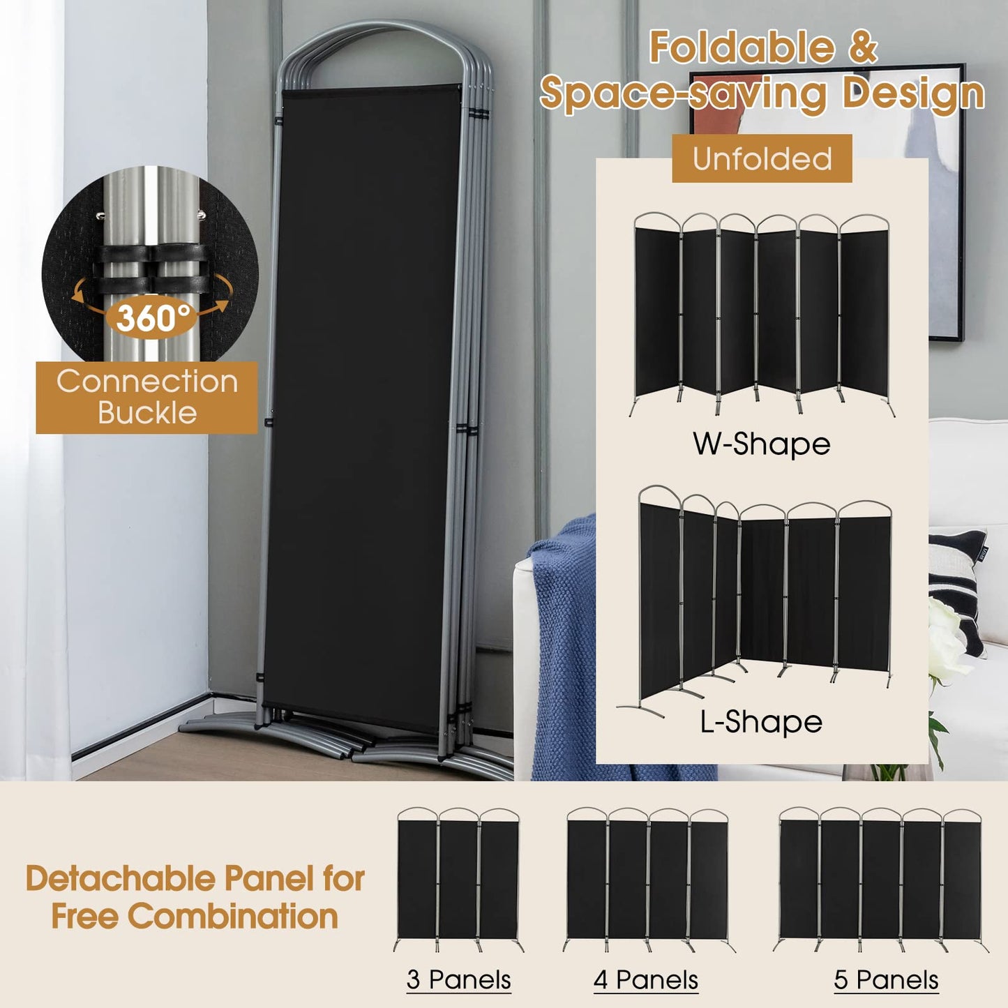 Giantex 6.2Ft Folding 6-Panel Room Divider Black- 130" Wide Freestanding Foldable Fabric Privacy Screen, Lightweight Portable Partition Wall Divider and Separator for Home Office, Apartment, Studio