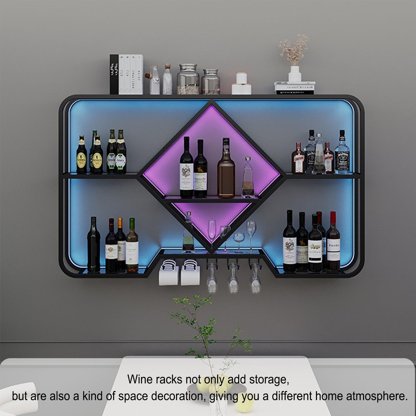 Kitchen Storage Wine Rack Wall Mounted with Glass Holder Liquor Cabinet Shelves - Hanging Wine Glass Rack & Display Shelf Home Bar Furniture for Cafe Storage