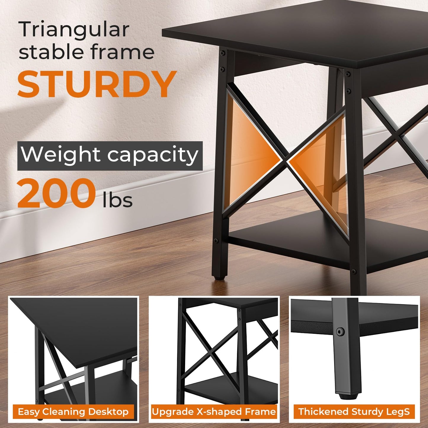 GreenForest Square End Table for Living Room, 24 Inch Large Side Table with X-Frame, Farmhouse Tall Bedside Nightstand with 2-Tier Storage Shelf, Black