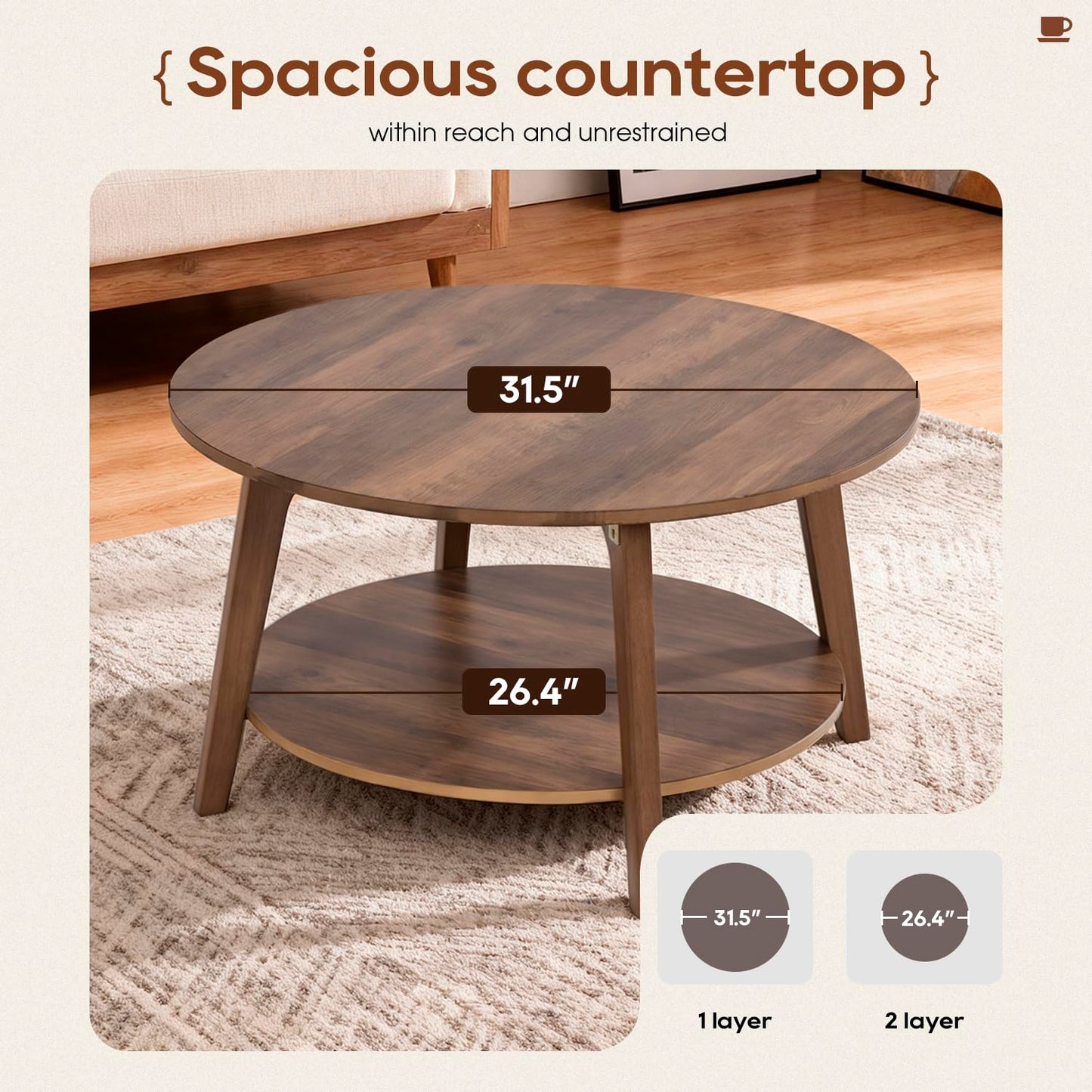 FDW Round Coffee Table 2-Tier Modern Wood Center Table with Storage for Living Room Bedroom or Office Small Space Circle Coffee Table with Sturdy MDF Top & Tapered Legs Easy Assembly,Brown