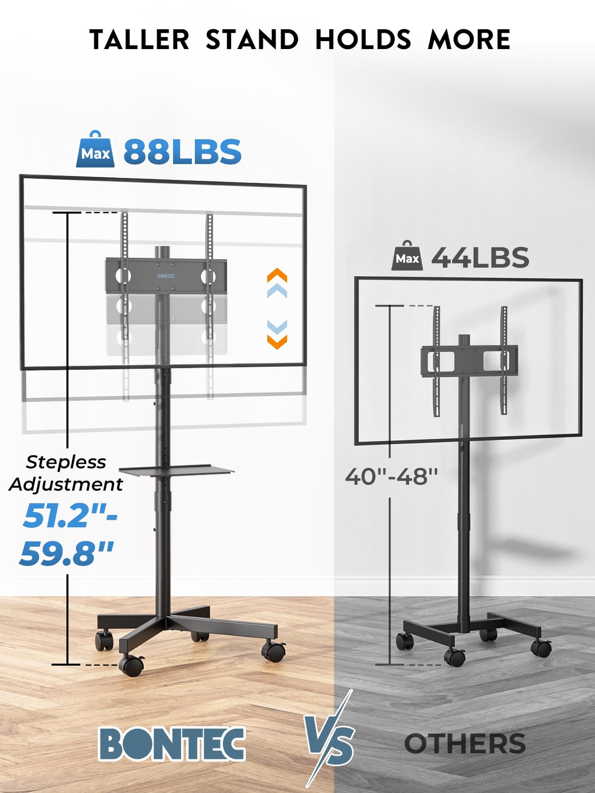 BONTEC Mobile TV Stand for 23-65 Inch TVs, Rolling TV Stand with Locking Wheels, Adjustable Height, Media Shelf, Outdoor TV Stand Max VESA 400x400mm, Holds Up to 88lbs