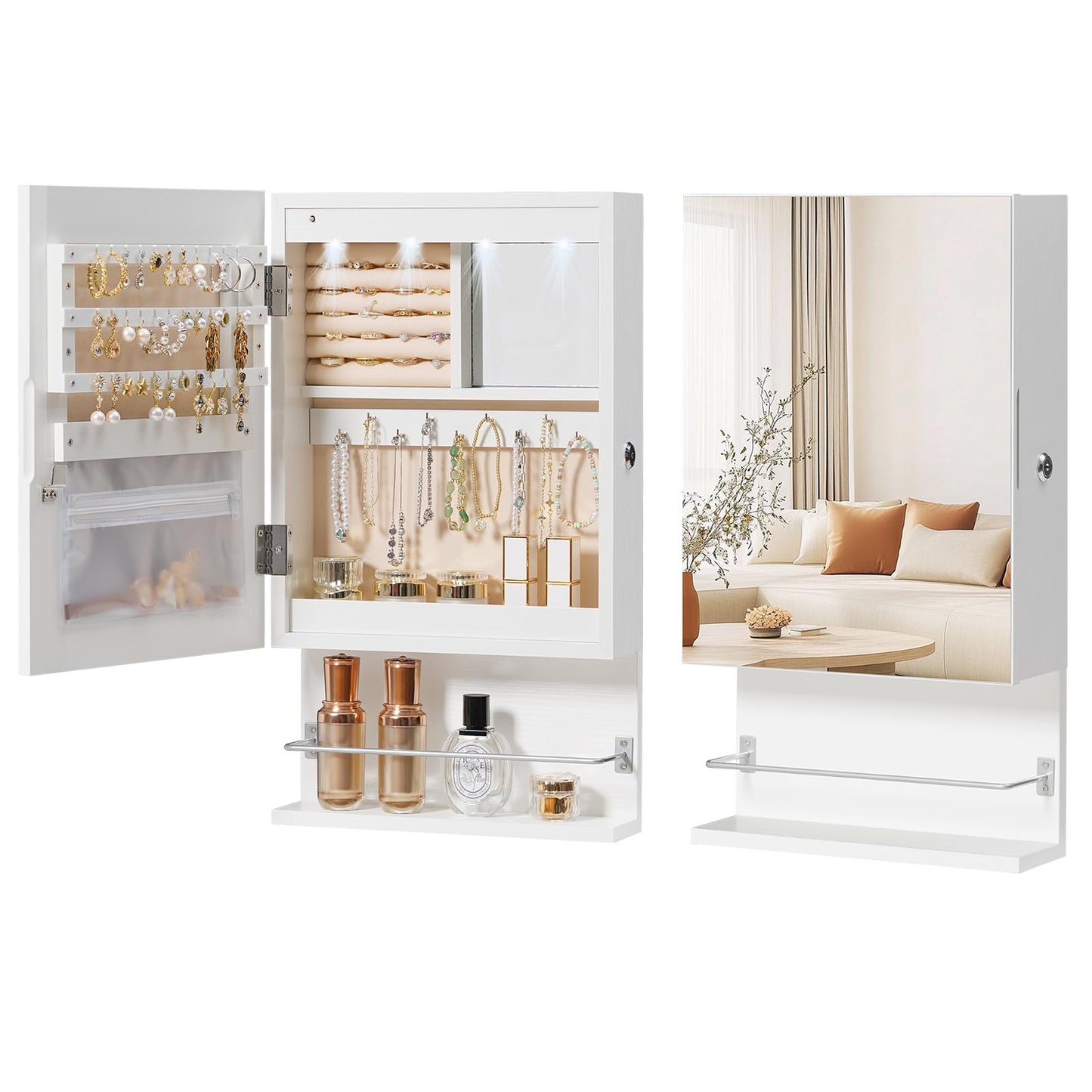 HOOBRO Wall Mounted Jewelry Cabinet, LED Jewelry Armoire with Interior Mirror, Hanging Jewelry Organizer for Wall, Lockable Jewelry Storage Cabinet, 3.9 x 11.8 x 20.9 Inches, White