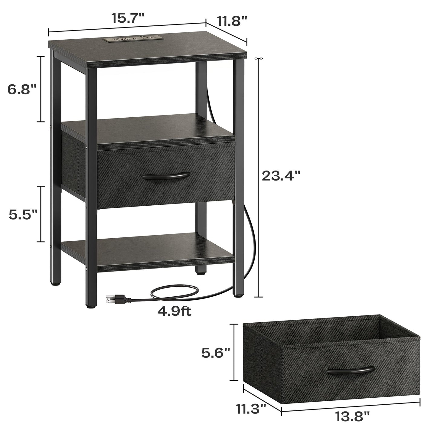 SUPERJARE Nightstand with Charging Station, Bed Side Table with Adjustable Fabric Drawer, Night Stand for Bedroom, 3-Tier Storage End Table, for Living Room, Black