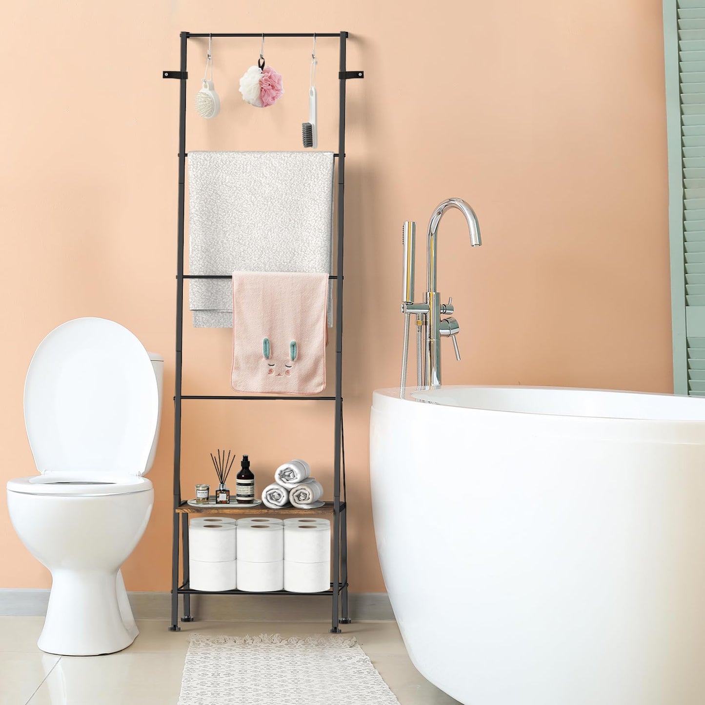 FANSXIVITA Blanket Ladder, 6-Tier Towel Holder with Shelf, Blanket Rack Freestanding, Ladder Shelf with Hooks for Towels Clothes Scarves, Standing Towel Rack for Bathroom Living Room Bedroom, Brown