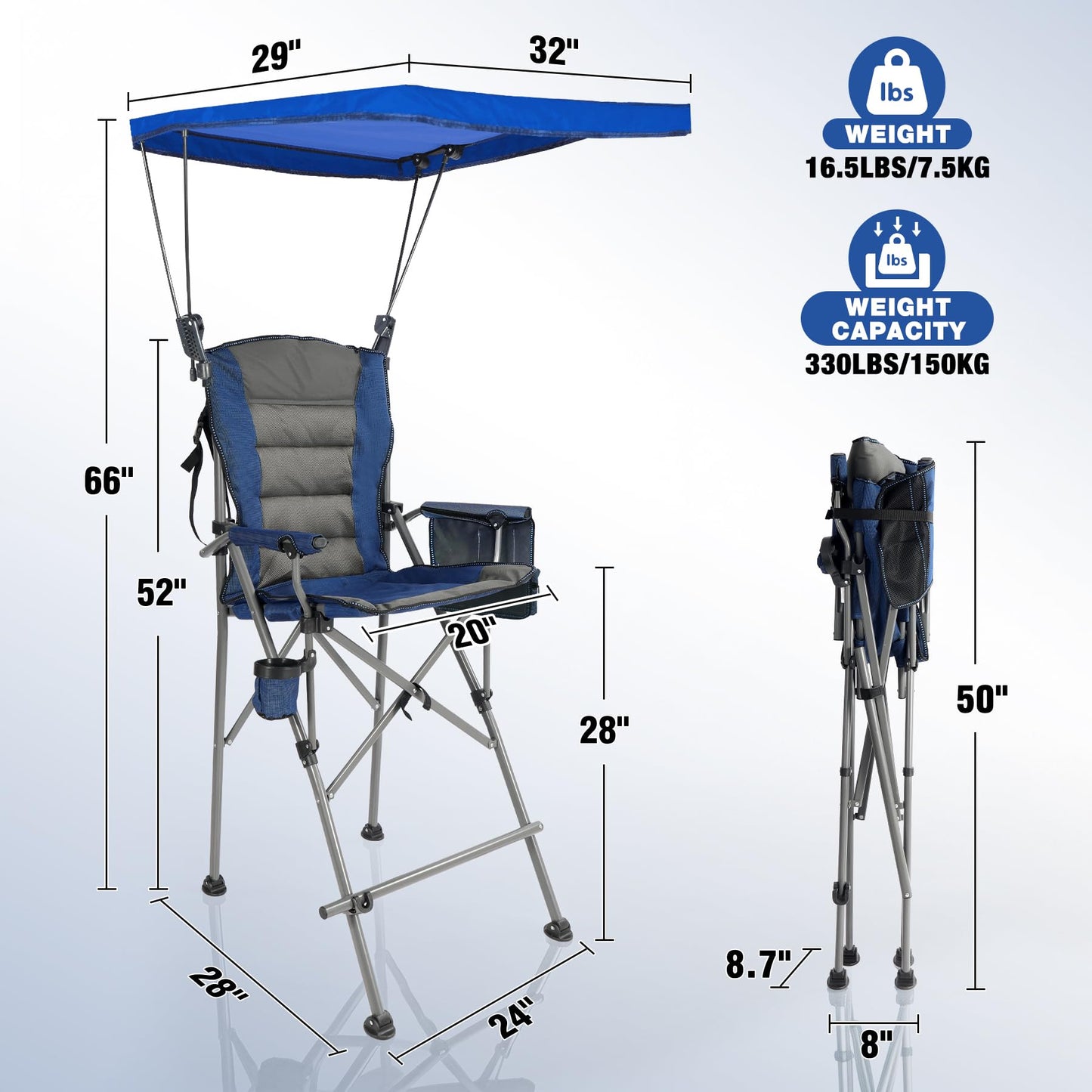 Stonehomy Extra Tall Folding Chairs with Canopy Shade for Adults, Portable Height Foldable Director Chairs with Umbrella for Concerts Sports Events Camping Outside with High Back and Footrest, Blue