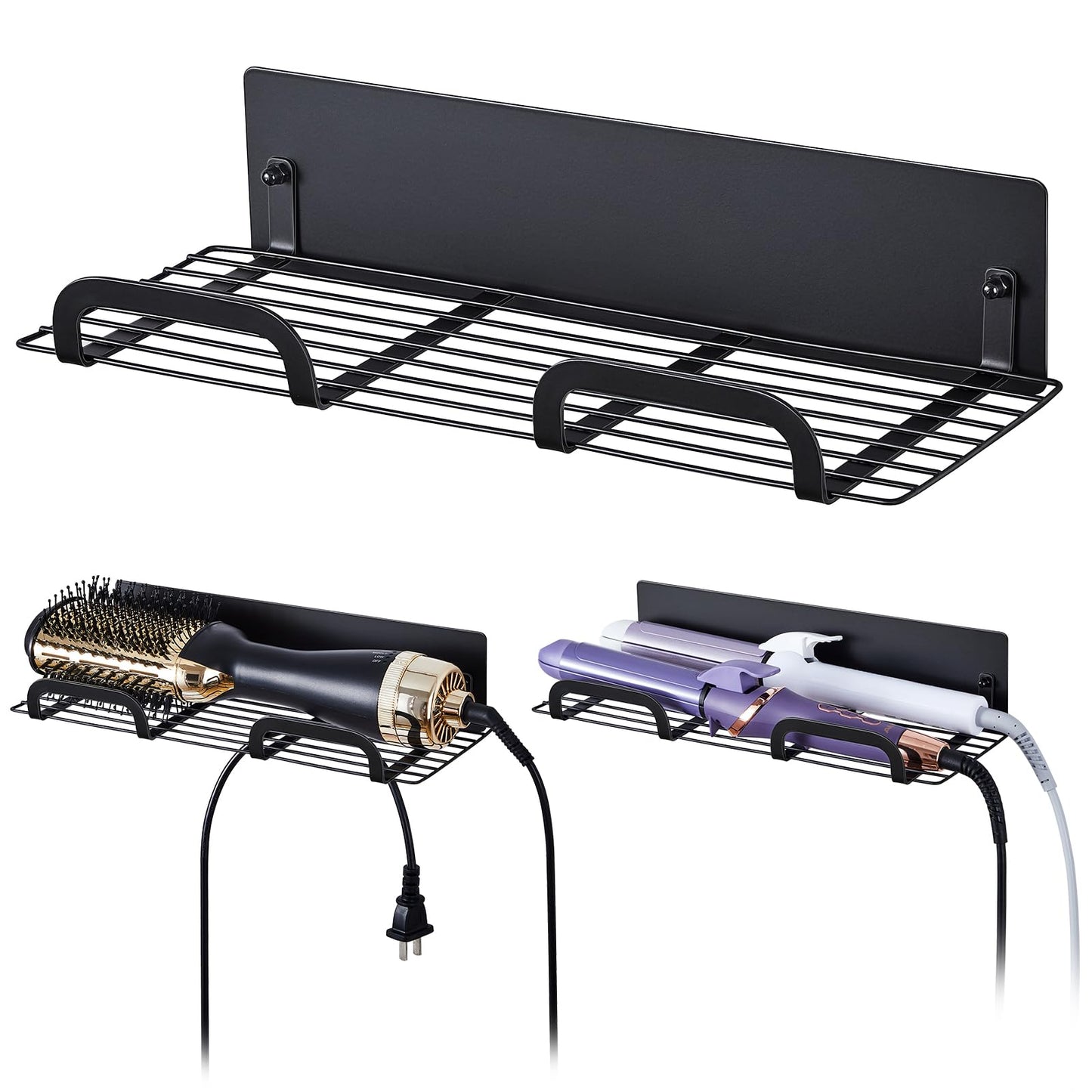 WAYASI Straighteners Holder Wall Mounted Metal Hair Dryer Holder for Curling Wands Accessories Adhesive Curling Iron Holder Hair Tool Organizer for Vanity Bathroom Barber Shops (Black)