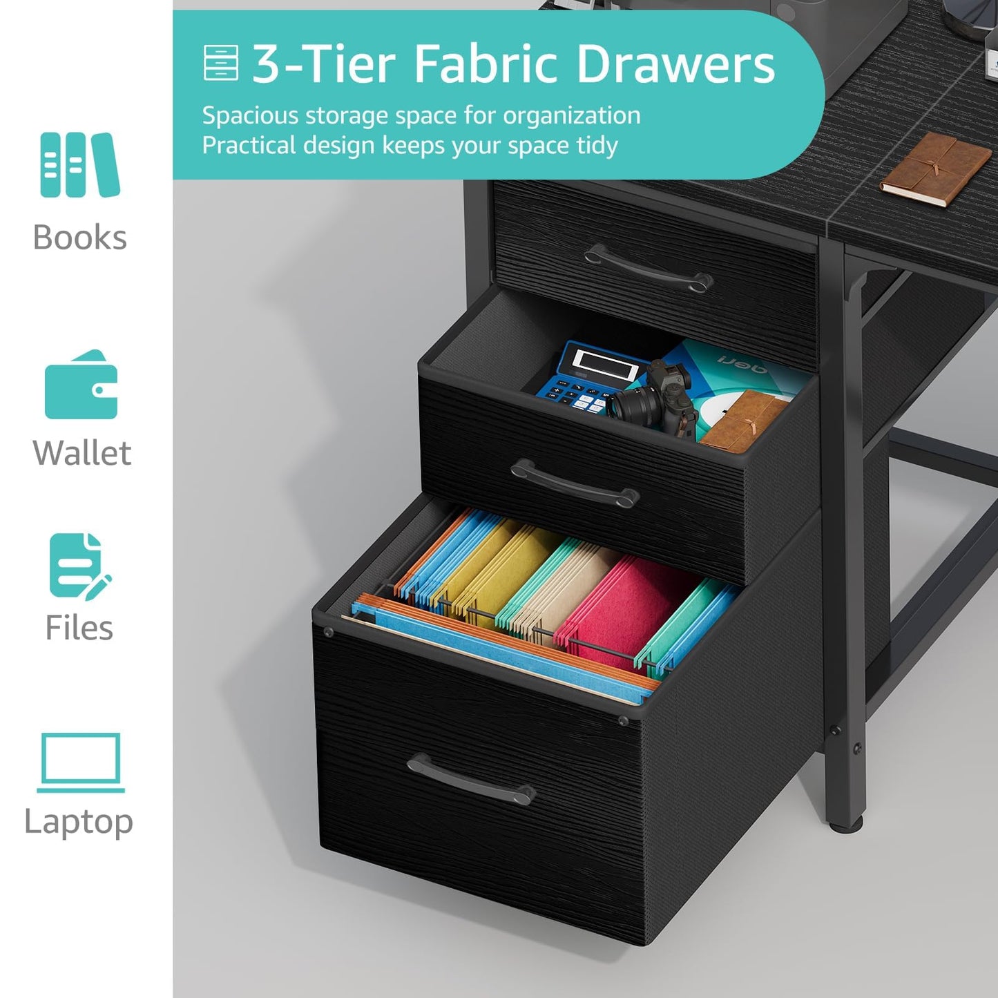 Lufeiya Computer Desk with Fabric File Drawers Cabinet, 55 Inch Reversible Home Office Desks with Filing Cabinet, Study Writing Table PC Desks with Storage for Bedroom, Black