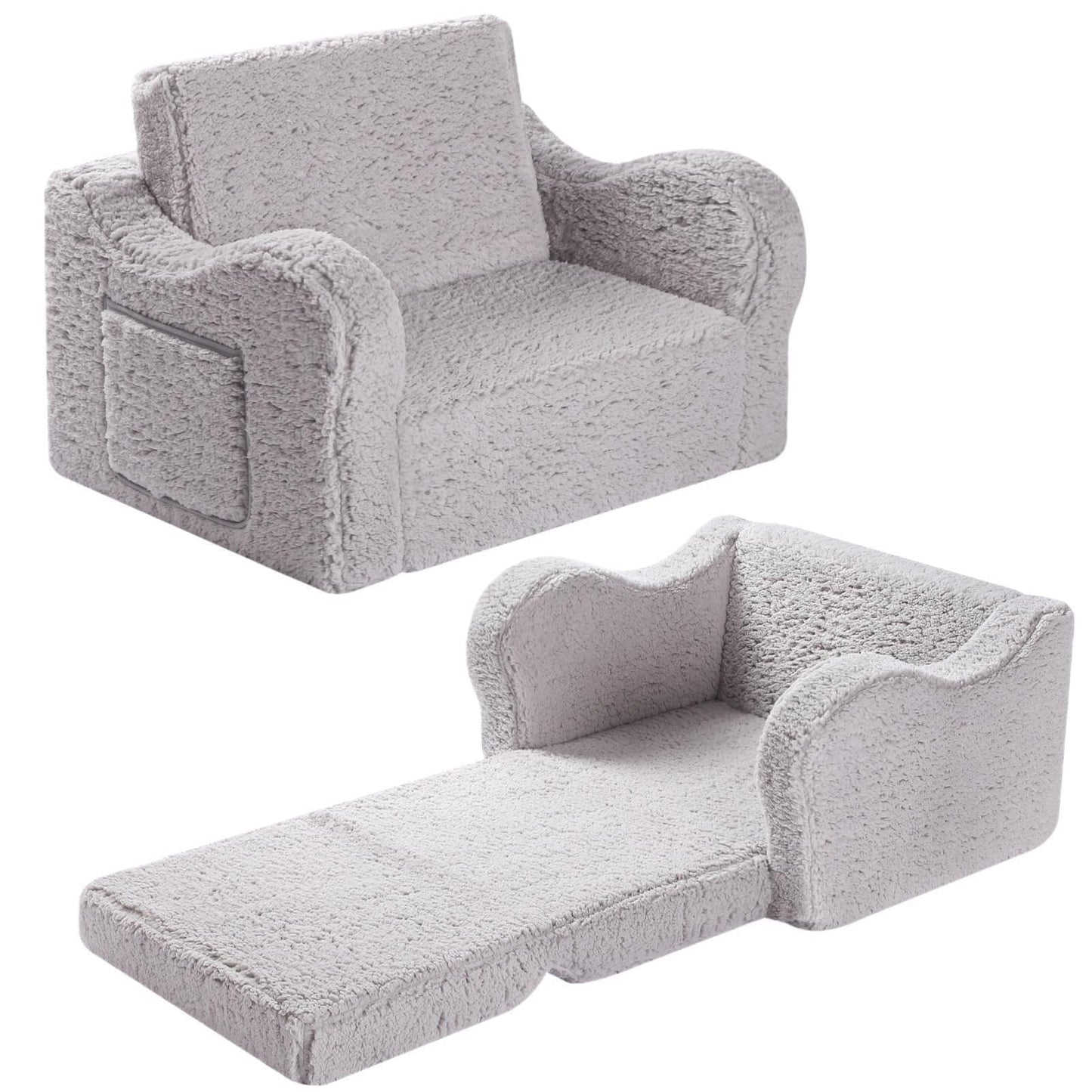 MOMCAYWEX Kids Sofa, 2-in-1 Flip-Out Foam Couch with Soft Sherpa Cover, Cozy Play Lounge Chair, Grey