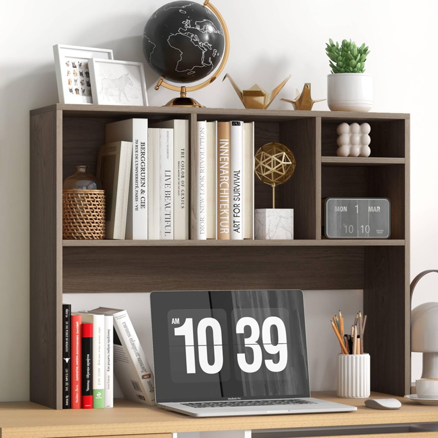 Tangkula Desktop Bookshelf, Countertop Storage Hutch with 4 Shelves for Computer Desk, Desktop 2-Tier Display Rack, Multipurpose Wood Desk Hutch Storage Organizer for Dorm Office Home
