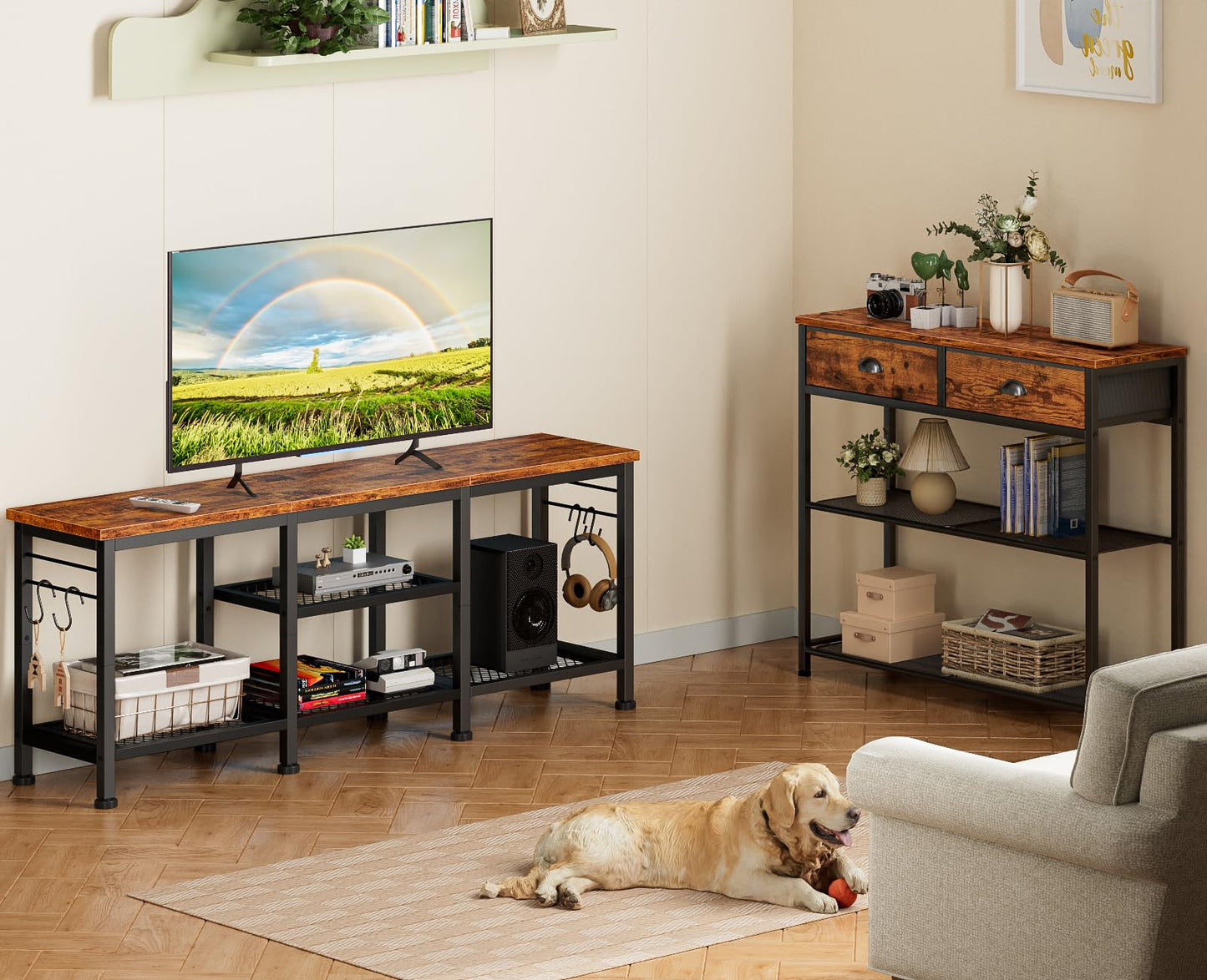 Furologee TV Stand for TVs up to 55 Inch, Entertainment Center with Open Storage Shelves, Media Console Table with Soundbar Shelf for Living Room, Bedroom, Rustic Brown