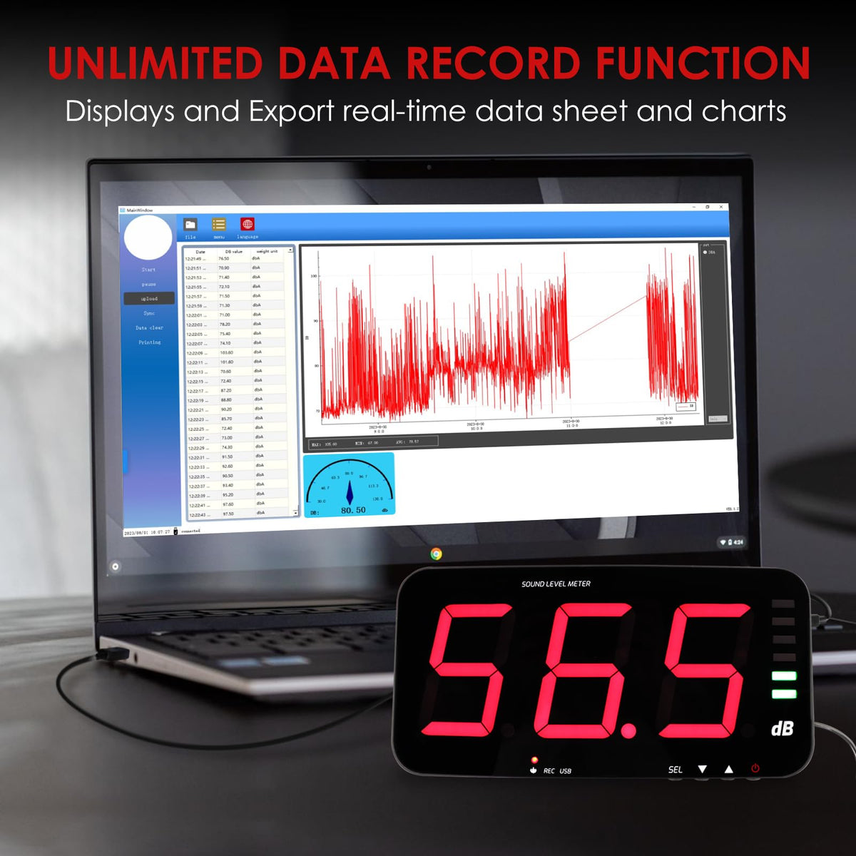 Decibel Meter Recorder 13 Inches Sound Level Meter, Wall Mount Noise Meter for Classroom Sound Meter with 16.4ft Sensor, Buzzer Alarm and Unlimited Data Logging, Noise Meter Decibel for Studio, Home