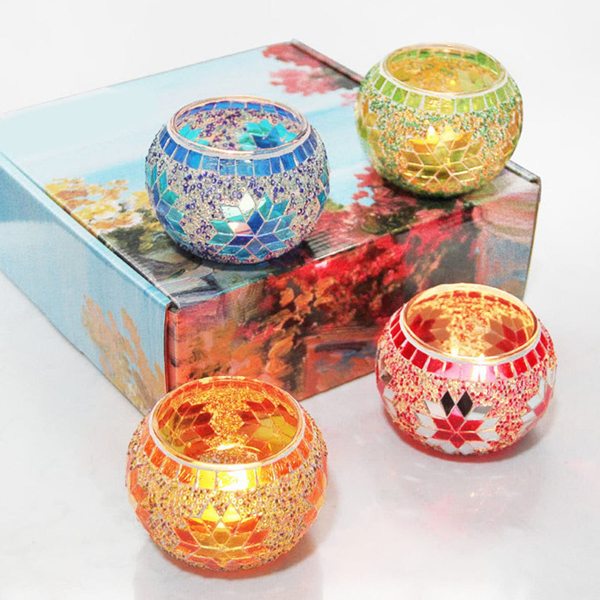 Generic 4Pcs Tea Light Candle Holder, Colourful Mosaic Glass Candlesticks Holder, Handmade Romantic Glass Tealight Cup for Aromatherapy Party Decor, Table Centerpieces