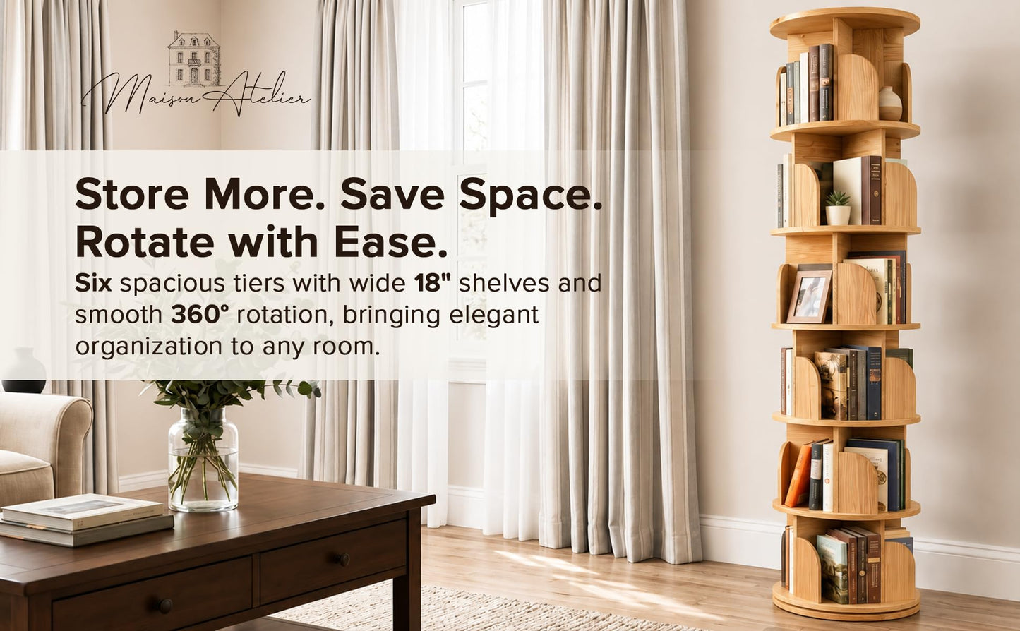 Maison Atelier 6-Tier Rotating Bookshelf with 18″ Wide Shelves, Solid Wood Bookcase for Living Room, Bedroom & Kids Room, Space-Saving Corner Bookshelf with Lazy Susan Organizer - [Pine]