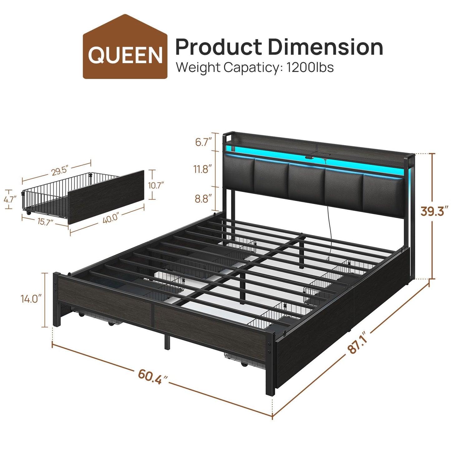 Rolanstar Bed Frame Queen Size with Charging Station and LED Lights, Upholstered Storage Headboard with Drawers, Heavy Duty Metal Slats, No Box Spring Needed, Easy Assembly, Black
