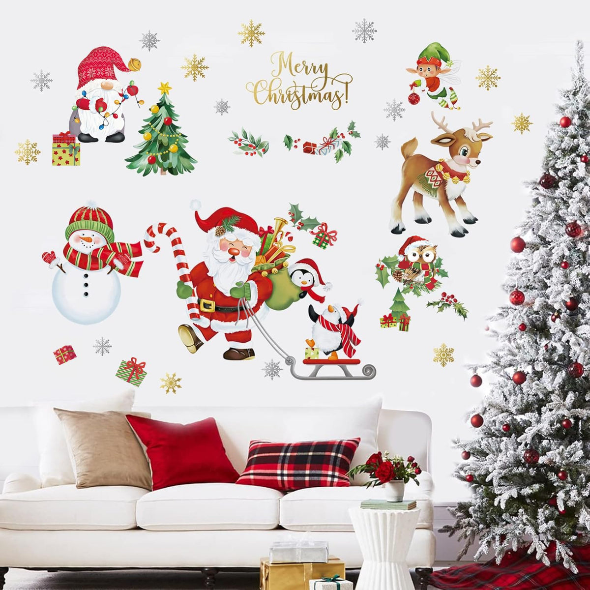decalmile Christmas Window Wall Decals Santa Claus Elk Wall Stickers Snowman Snowflake Winter Penguin Window Clings Kids Room Home Party Shop Decorations