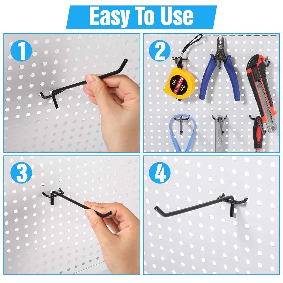 Meyeyaia 100 PCS 6 inch Pegs for Pegboard, Black Peg Board Pegs for 1/8“ and 1/4" Peg Board, Metal Pegboard Hooks for Hanging Organizing Various Tools for Garage, Craft Room, Kitchen, Store