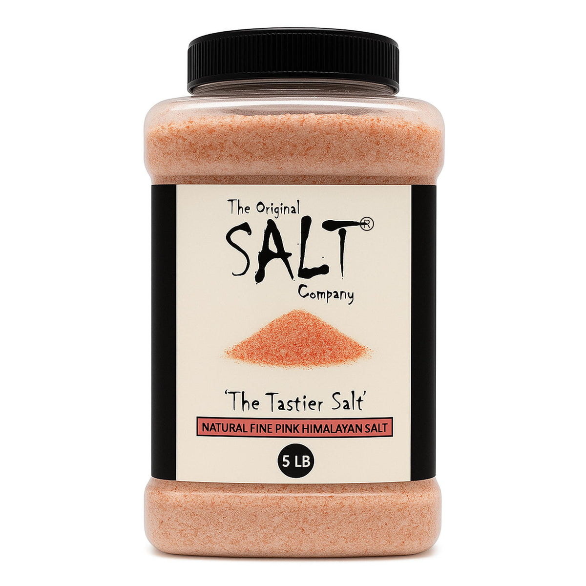 The Original Salt Company Pink Himalayan Salt, 5 LB Food-Grade Plastic Container 100% organic, kosher, fine grain, and gluten-free. Perfect for cooking, seasoning, and enhancing dishes with its mild, mineral-rich flavor.