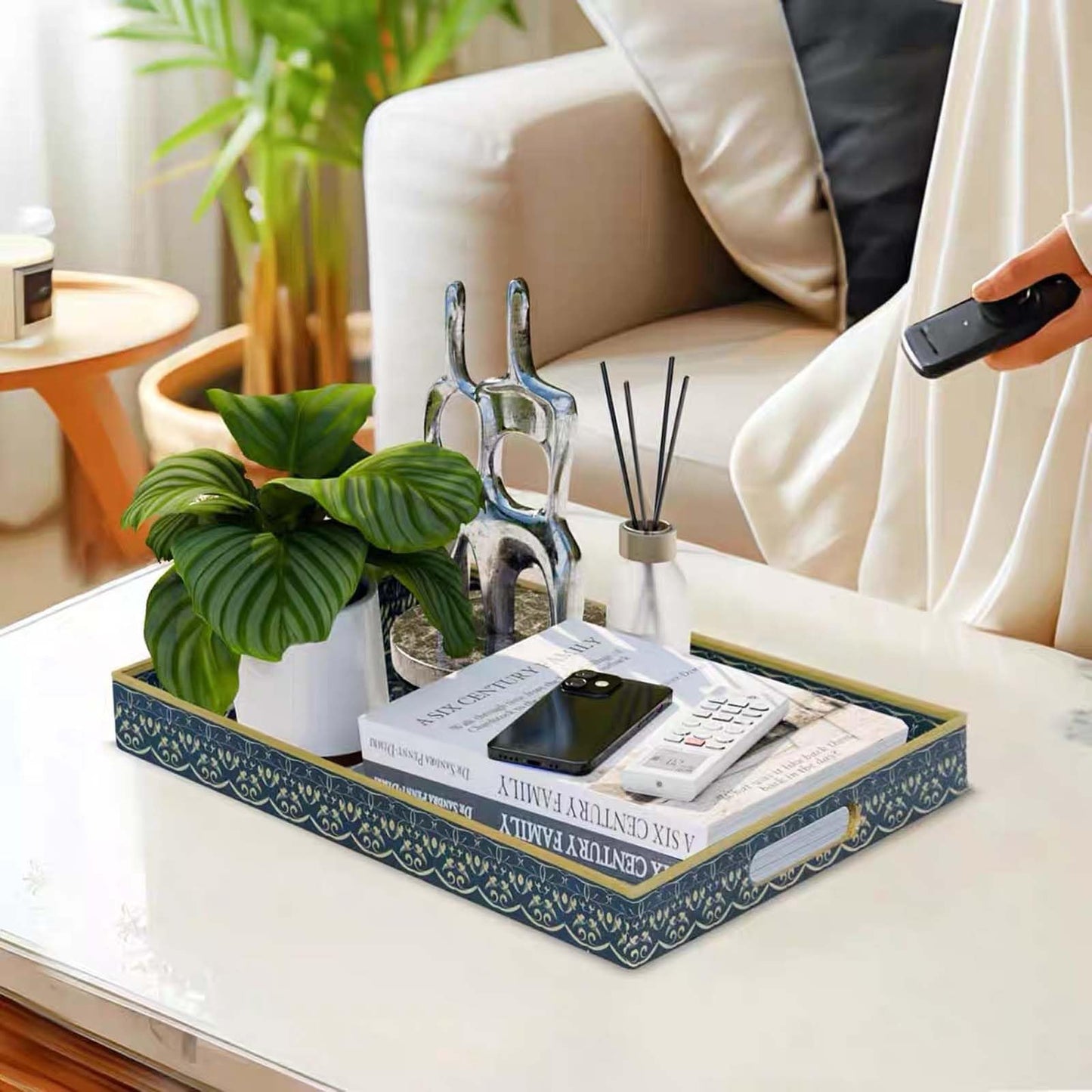 Fuukou Plastic Serving Tray with Handles,Large Ottoman Tray for Living Room,Large Rectangle Trays for Ottoman Coffee Table,Decorative Blue Boho Serving Trays for Home Decor,16" x 12"