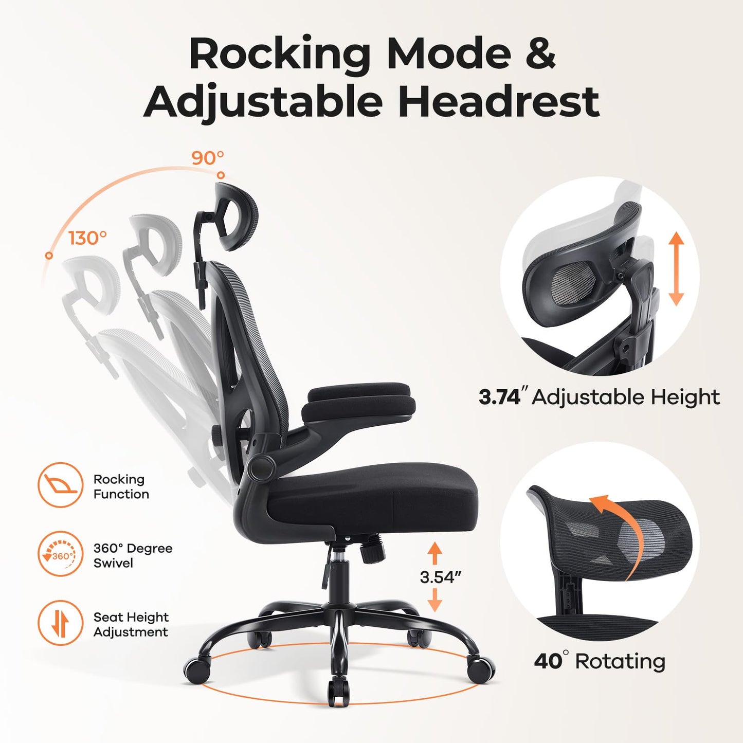 shipborne Office Chair Ergonomic Office Chair with Lumbar Support, Head Support, Rocking Function, FILP-up Armrests, Mesh High Back Chair Home Office Desk Chair, Suitable for Home, Office, Black