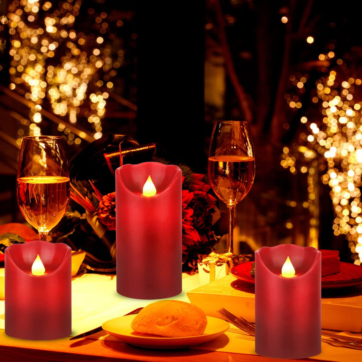 JUNPEI LED Candles, Battery Flickering Candles, Set of 3 Red Real Wax,300+ Hour Decorating Pillars Candles, with10 Buttons Remote Control with 24 Hour Timer Function for Decoration Christmas