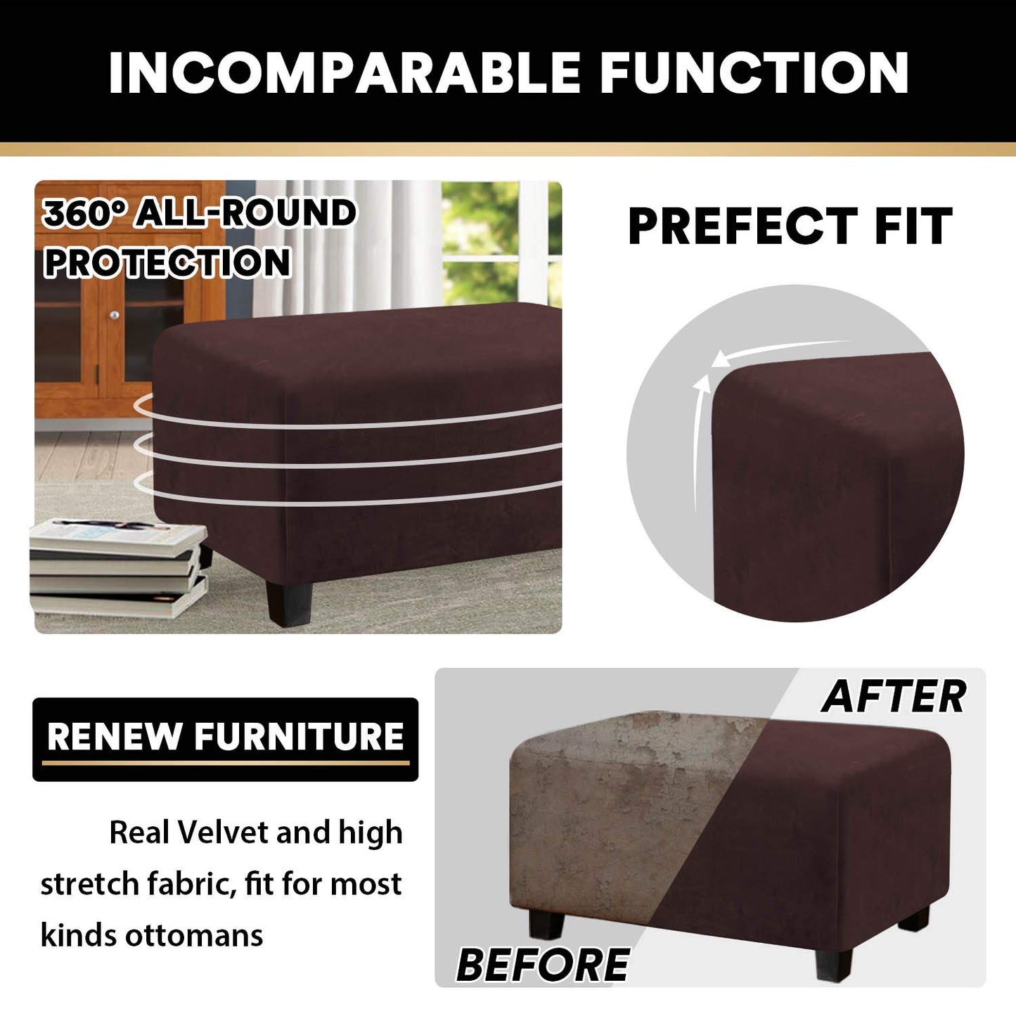 PrinceDeco Real Velvet Plush Ottoman Cover Soft Rectangle Folding Storage Covers Furniture Protector Removable Footstool Protect Footrest Covers Elastic Bottom(X-Large, Brown)