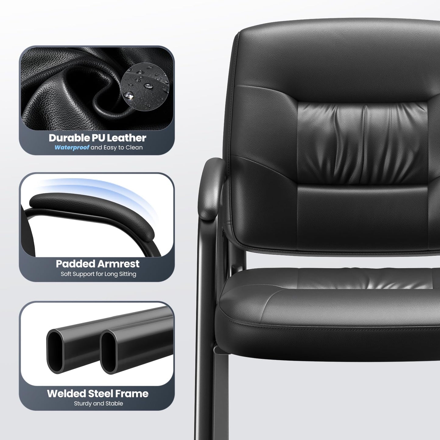 Modern Conference Room Chairs with Arms, PU Leather Padded Guest Chair with Welded Steel Frame, Ergonomic Office Reception Chair, 300LBS, Waterproof & Easy to Clean Black,Set of 8