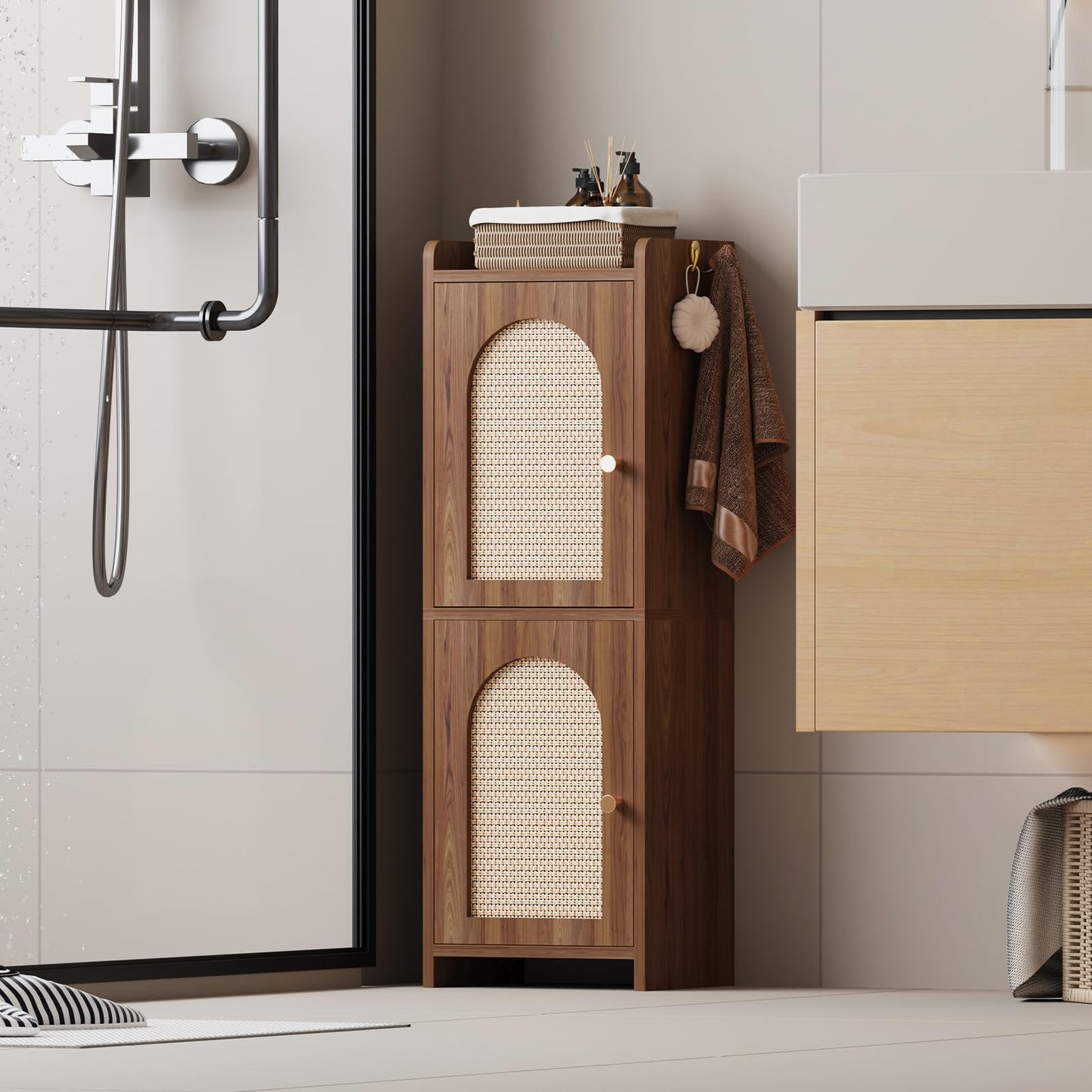 Rattan Bathroom Storage Cabinet,Corner Floor Cabinet with 2 Doors and Adjustable Shelf, Narrow Toilet Paper Cabinets with 2Hooks,Toilet Organizer for Small Spaces,7.87"D*9.84"W*29.72"H （Brown）