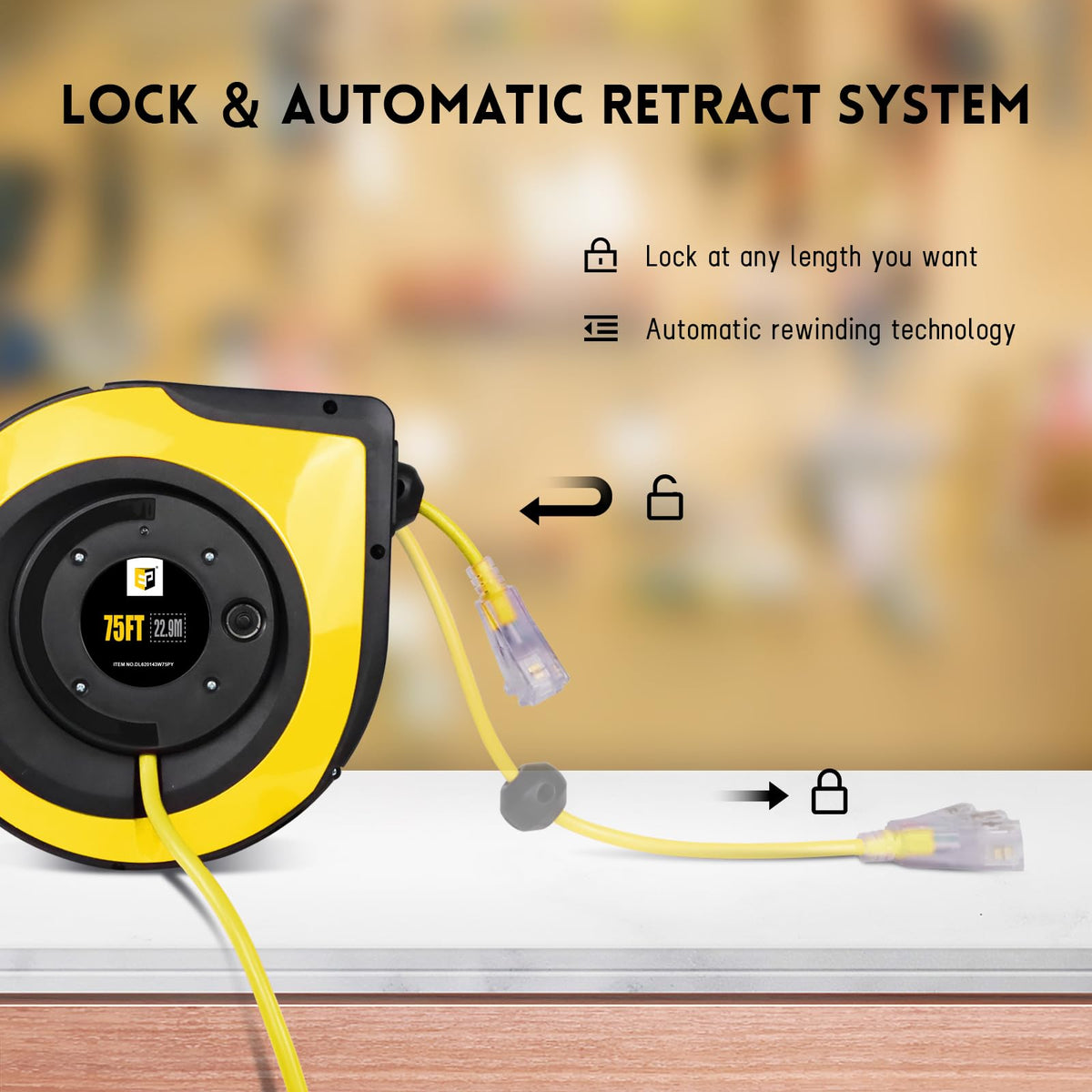 EP Retractable Extension Cord Reel,75 Feet 14 AWG/3C SJTOW Heavy Duty Power Cord,10 AMP Circuit Breaker, 3-Lighted Triple Outlets,Ceiling or Wall Mount Use Indoor, Yellow