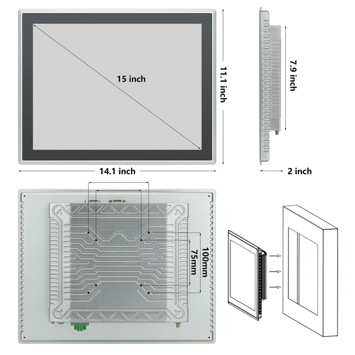TouchWo 15 inch Industrial Embedded Touchscreen Monitor, Capacitive Multi-Touch Screen Industrial Front IP65 Monitor Built-in Speakers, HD-MI in, USB, VGA, 4:3 1024x768 Display