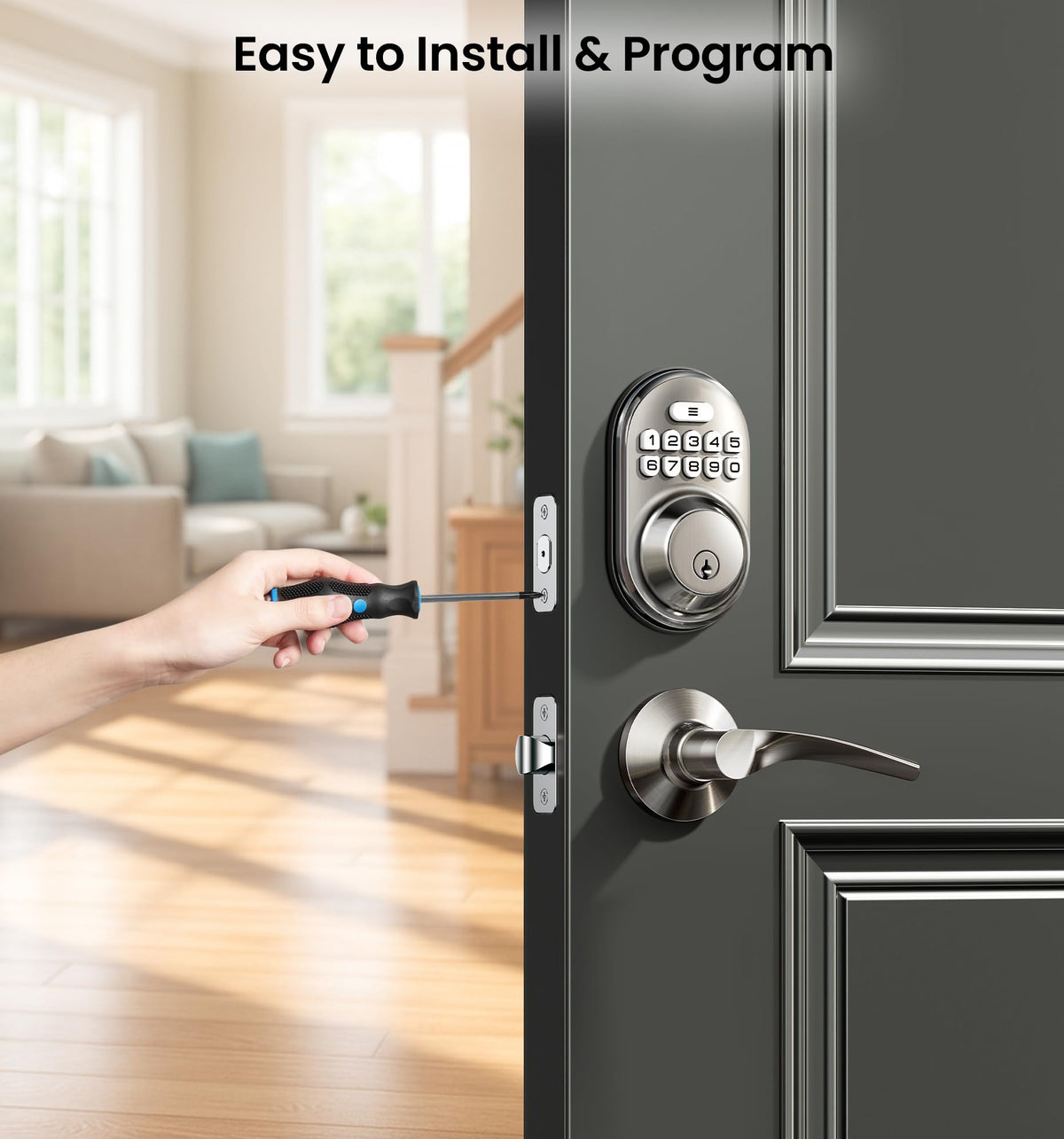 Veise Keyless Entry Door Lock with 2 Lever Handles - Electronic Keypad Deadbolt, Auto Lock, Back Lit & Easy Installation Design, Front Door Handle Sets, Satin Nickel