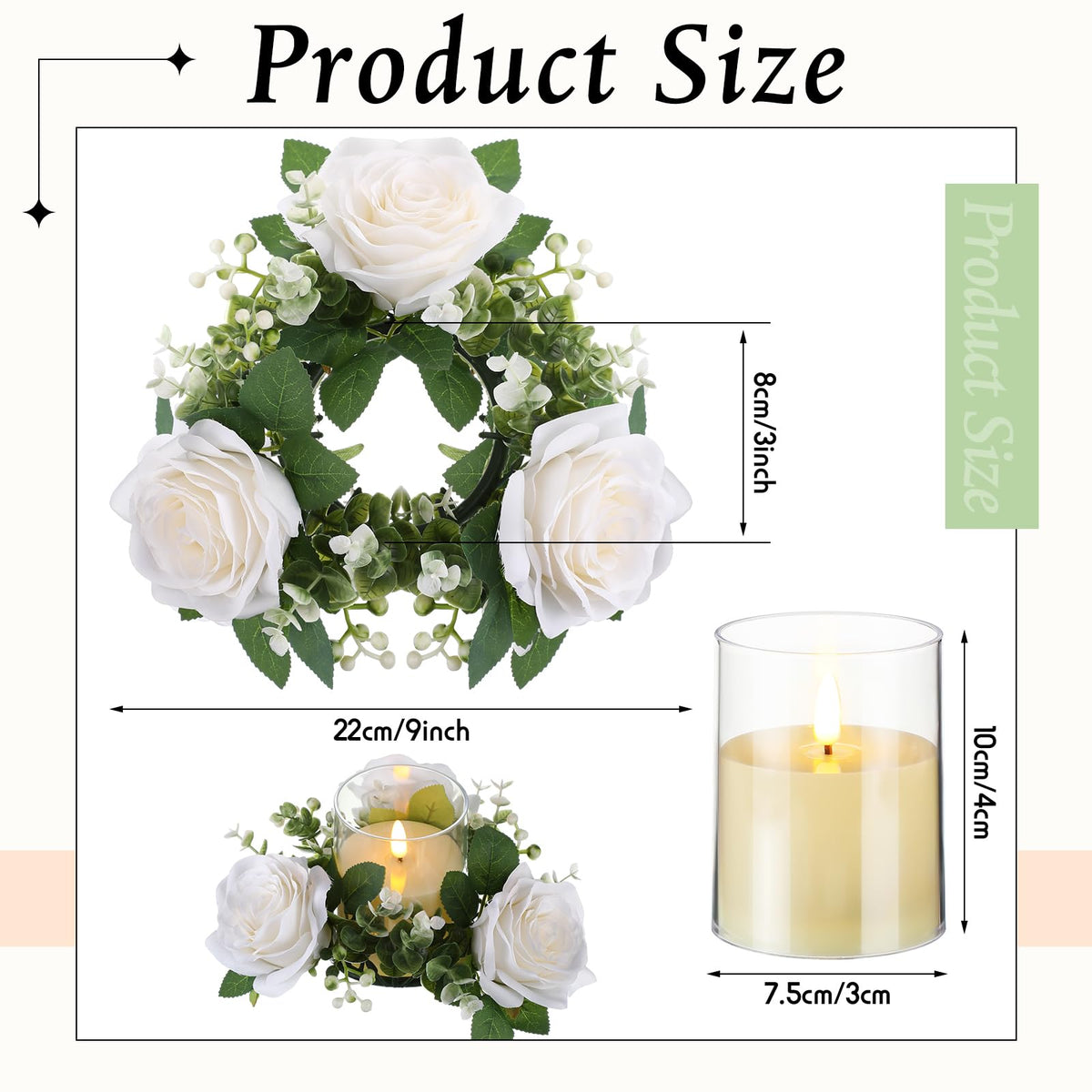 Yunlly 12 Pcs Rose Candle Rings with Flameless Candles Sets, Artificial Flower Eucalyptus Wedding Centerpiece 3 Inch Pillar Candleholders Wreaths for Wedding Party Mother's Day (White)