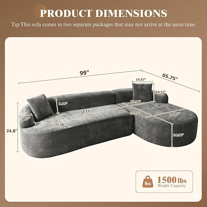 99" Curved Sectional Sofa with Chaise, Modern Boneless Couch with Deep Seat
