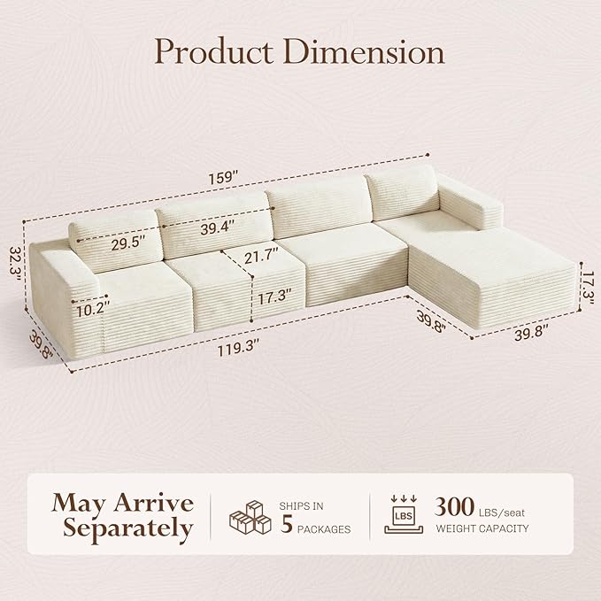 Vesgantti 159" Large Modular Sectional Sofa, L-Shaped Corduroy Cloud Couch