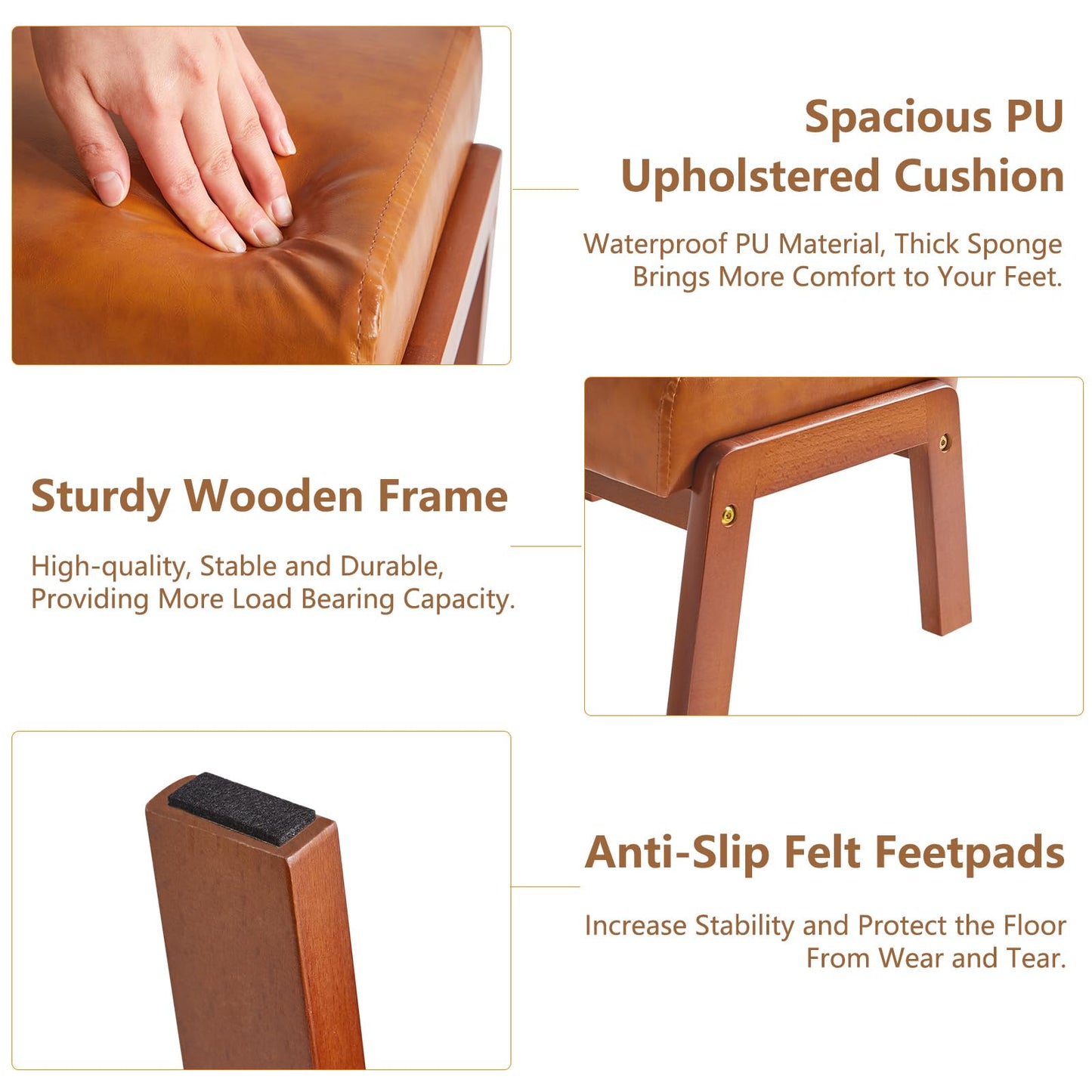 IBUYKE 10.2” H Small Foot Stool Ottoman, Rectangle PU Faux Leather Foot Rest with Padded Seat and Wood Legs, Modern Ottoman Foot Rest for Living Room Bedroom Couch Office, Yellowish-Brown WBD013J