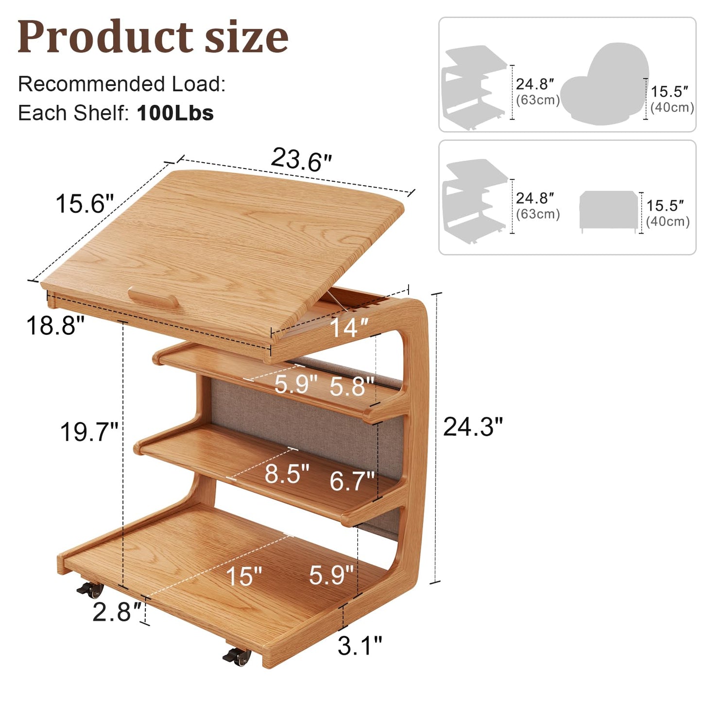 AQIMUELE Rolling Side Table, C Shaped End Table, C Table with 4 Wheels Solid Wood Small Rolling Desk with Adjustable Desktop,C Shaped End Table for Couch,Home Office(15.6" D x 23.6" W x 24.3" H)