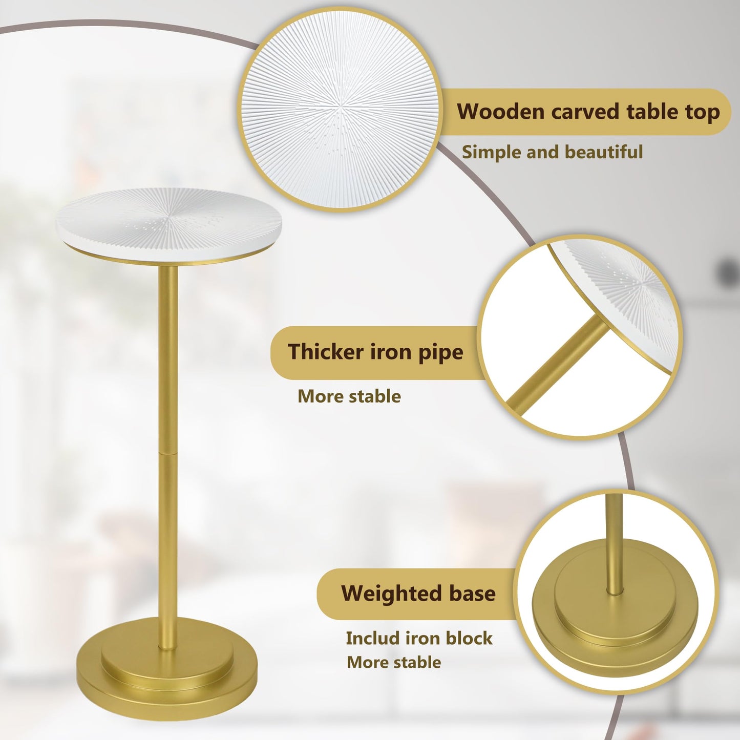 COVLON Drink Table, Carved Table Top Small Pdestal Martini SideTable for Living Room, Bedroom, Modern, Weighted Base, White and Gold