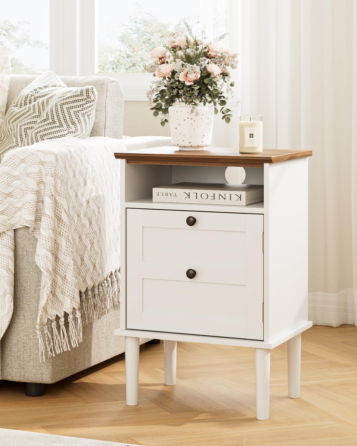 Apetaccat Nightstand, Boho Night Stand with 1 Drawer, Modern Side Accent Table with Open Shelf, Wooden Top Bedside End Table for Bedroom, Living Room, White
